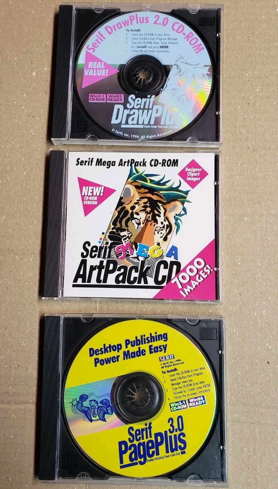 Vintage Serif Software Lot Pageplus 3.0, Drawplus 2.0 + Artpack CD For Win  95