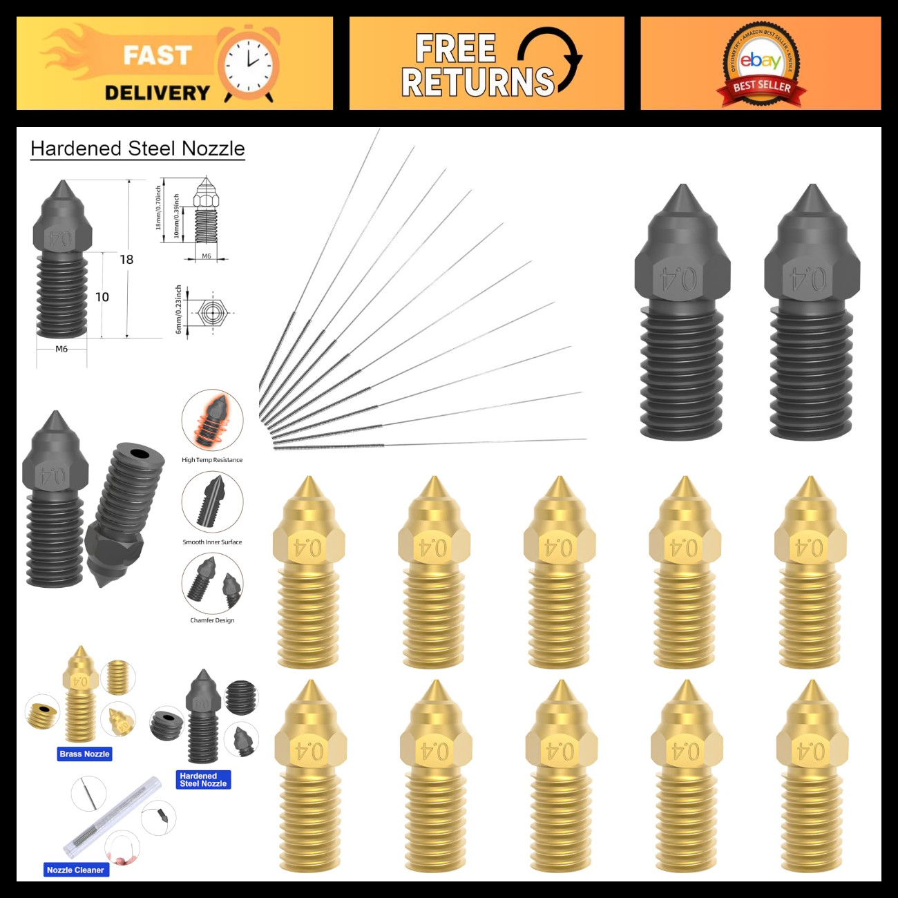 22Pcs 0.4mm Nozzle Kit for 3D Printers - Brass, Hardened Steel & Cleaning Needle
