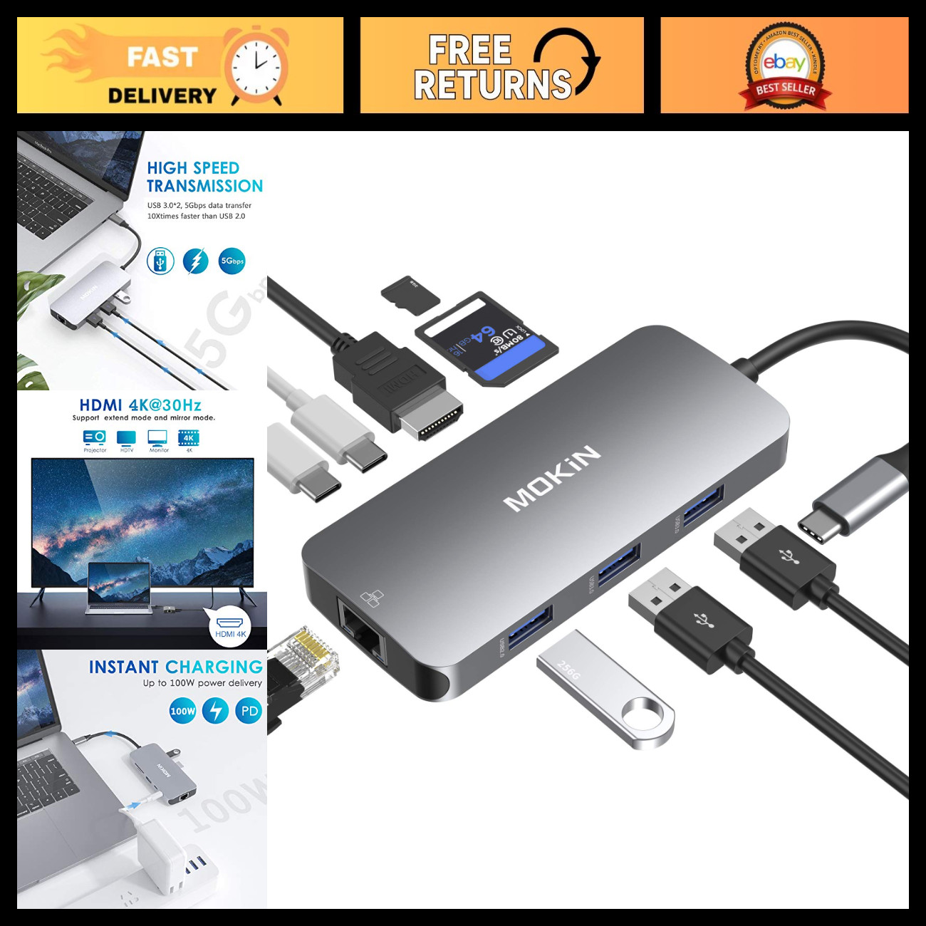 9-in-1 USB C Hub HDMI Adapter, 3 USB Ports, RJ45 Ethernet, SD/TF Reader, 100W PD
