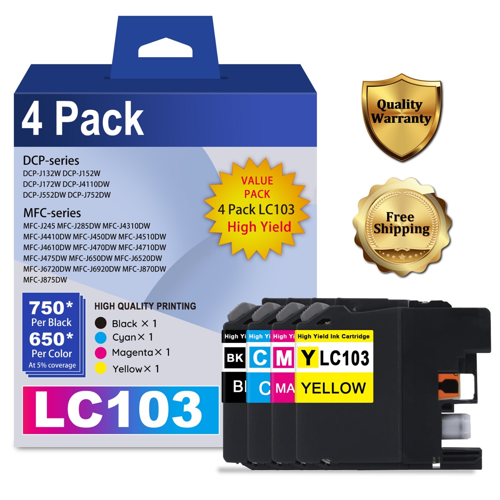 LC103 High Yield Ink (4-Pack: BK, C, M, Y) Compatible with Brother Printers