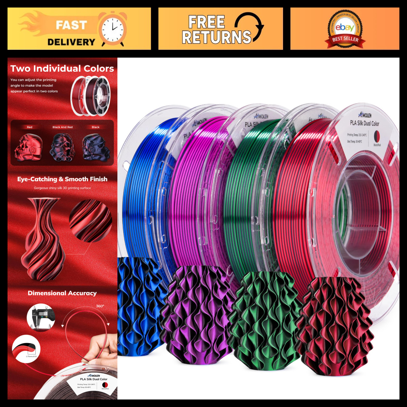 Shiny Silk PLA 3D Printer Filament Dual Color Bundle - 200g x 4 Pack for High-Qu