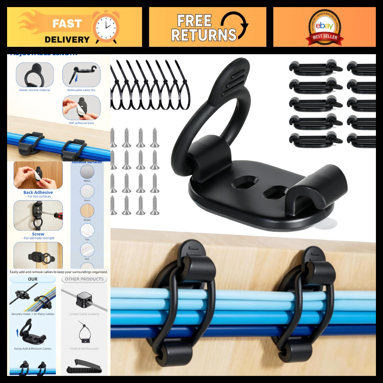 10 Pack Adjustable Adhesive Cable Clips - Black Cable Management Solution