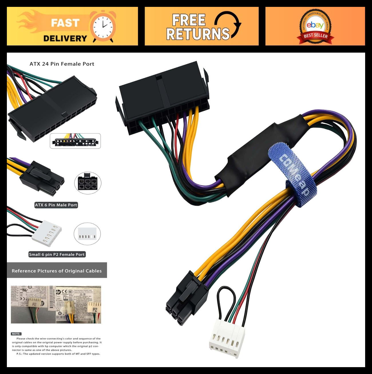 24-Pin to 6-Pin ATX Power Cable Adapter for HP Z Series & ProDesk/EliteDesk 34cm