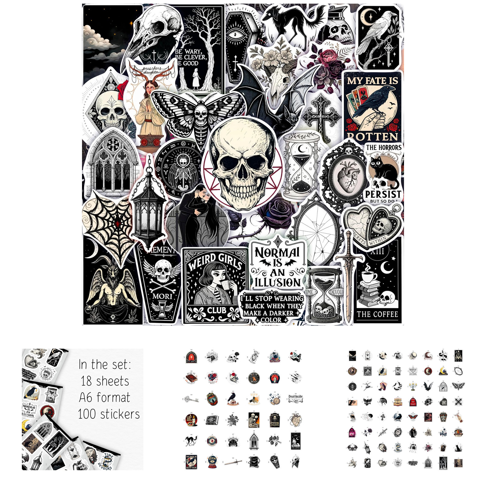 100Pcs Gothic Stickers for Adults, Vinyl Decals for Laptop, Water Bottle, Skull