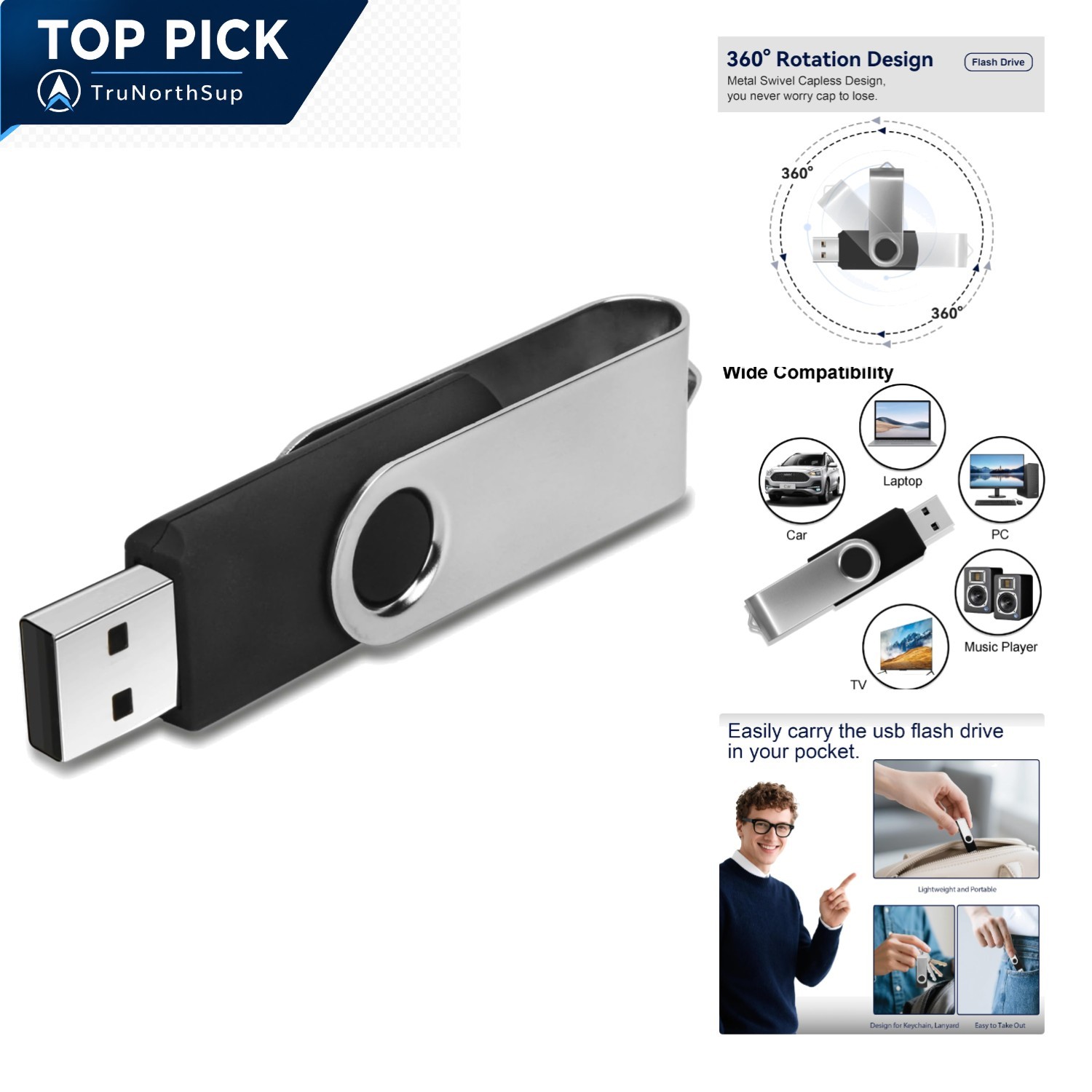 Swivel 16GB USB Flash Drive Keychain Portable Memory Stick Black USB 2.0