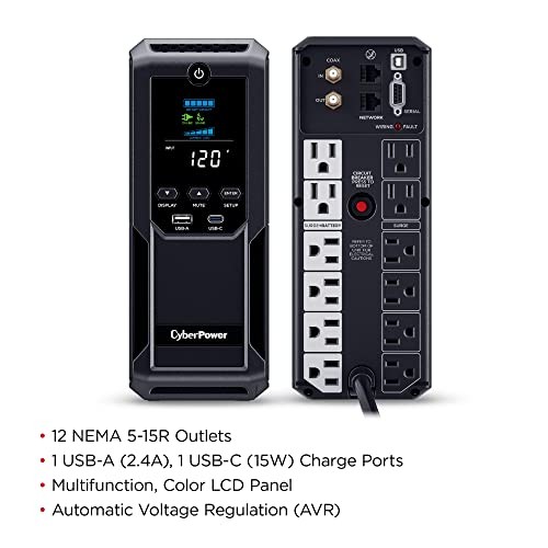 CyberPower CP1500AVRLCD3 Intelligent LCD UPS 1500VA/900W Mini-Tower with 12