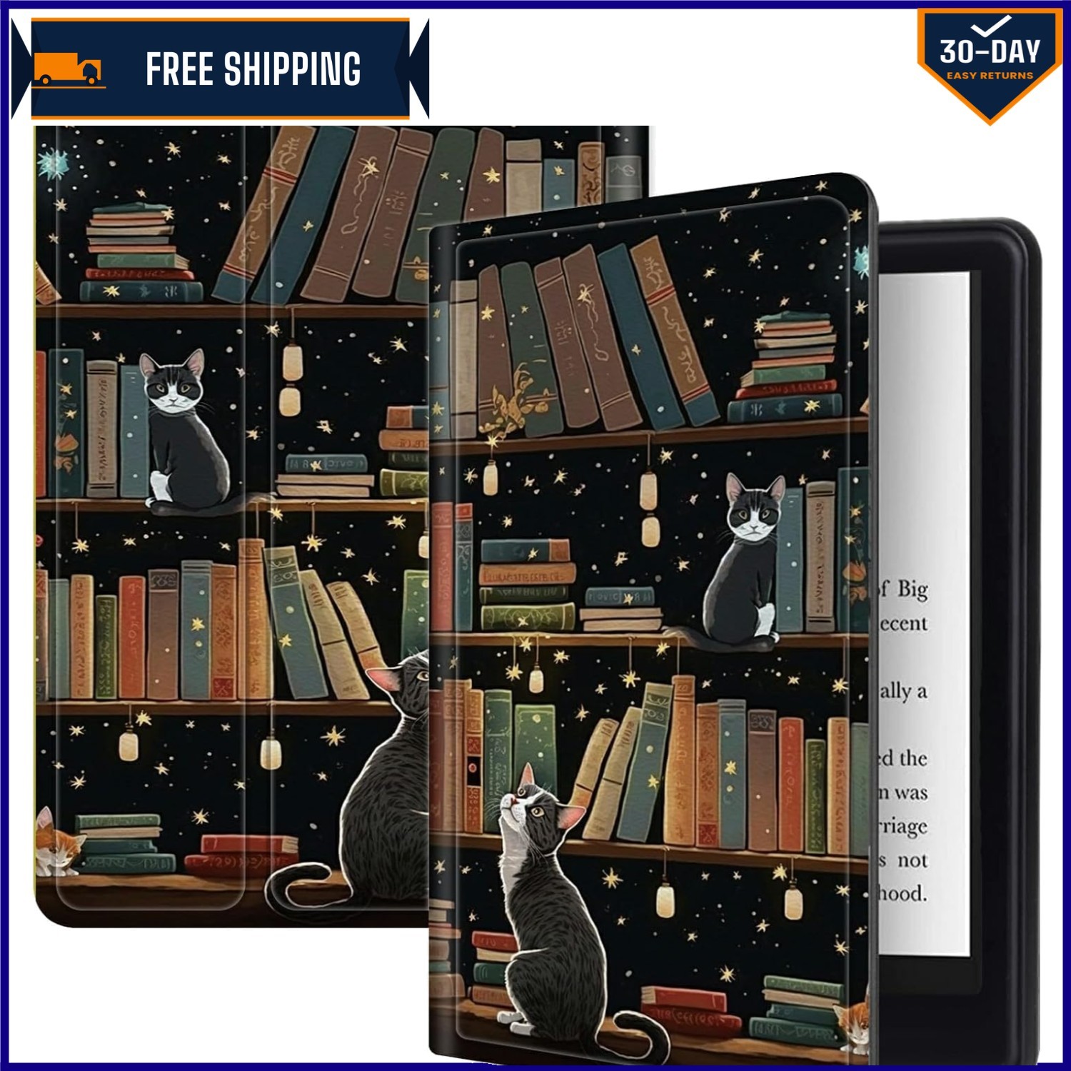 Auto Wake Case for All-New Kindle Paperwhite 12th Gen 2024 - Cat Library Design