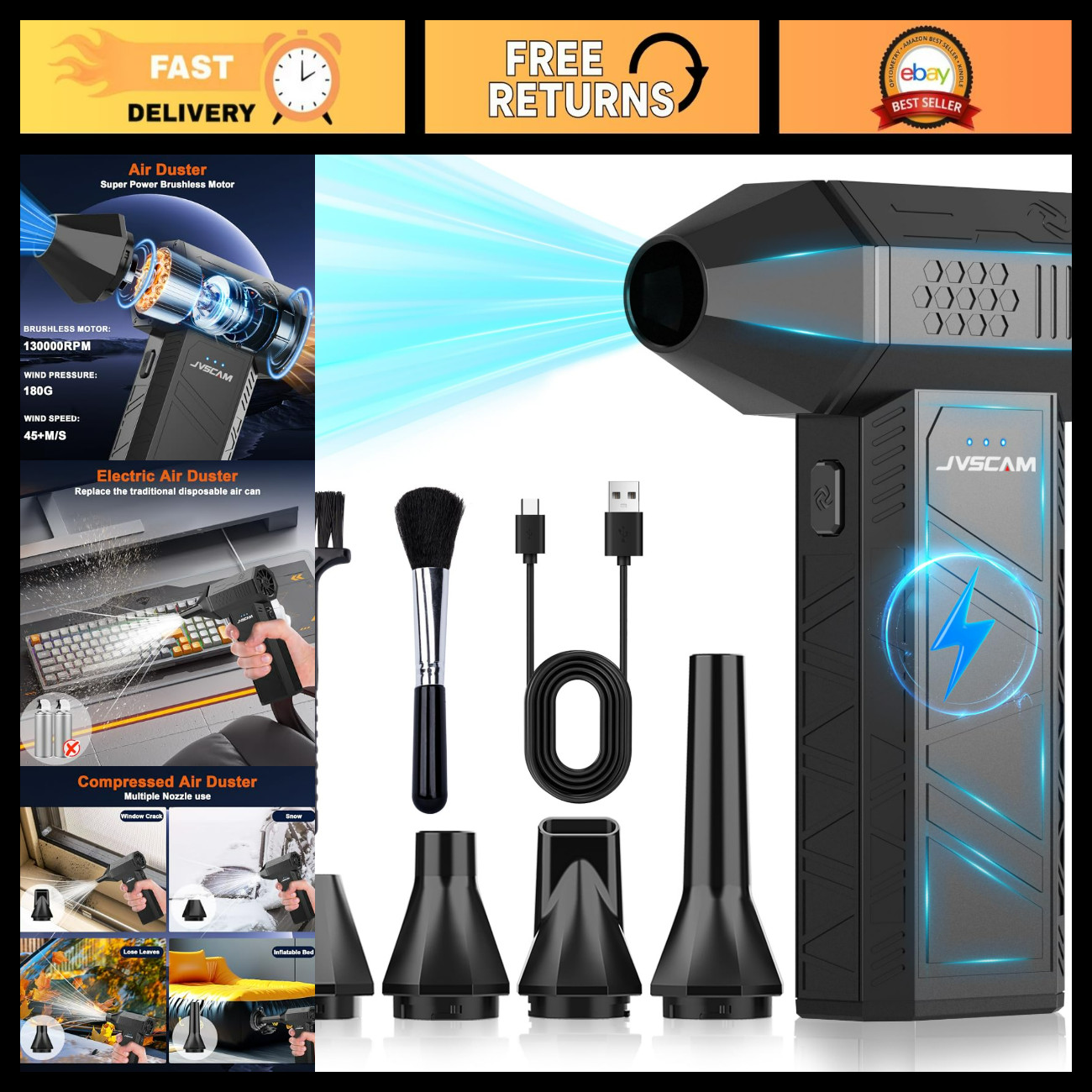 High-Power Compressed Air Duster 130,000 RPM - Brushless Motor Air Blower Cleane