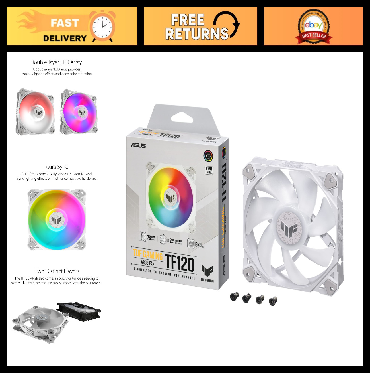 Customizable 120mm ARGB Gaming Fan - PWM Control, Fluid Dynamic Bearing, Anti-Vi