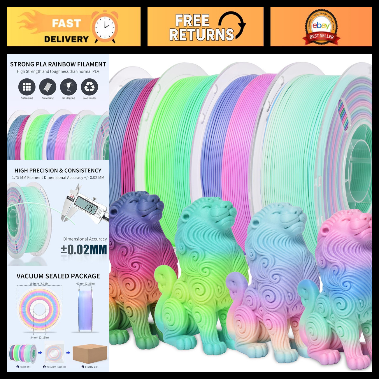Matte Rainbow PLA 3D Printer Filament Bundle - 4 Colors, 1.75mm, 1kg, Fast Color