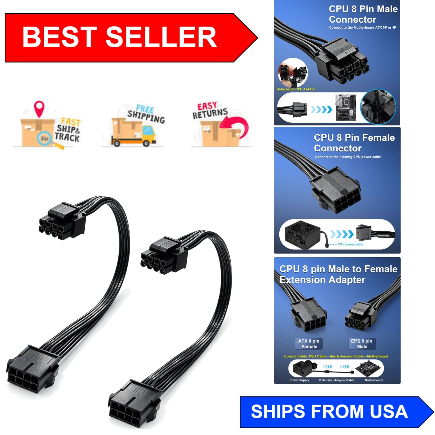 Tangle-Free 9.5 Inch CPU 8 Pin Extension Cable - 2 Pack for Smooth Connectivity