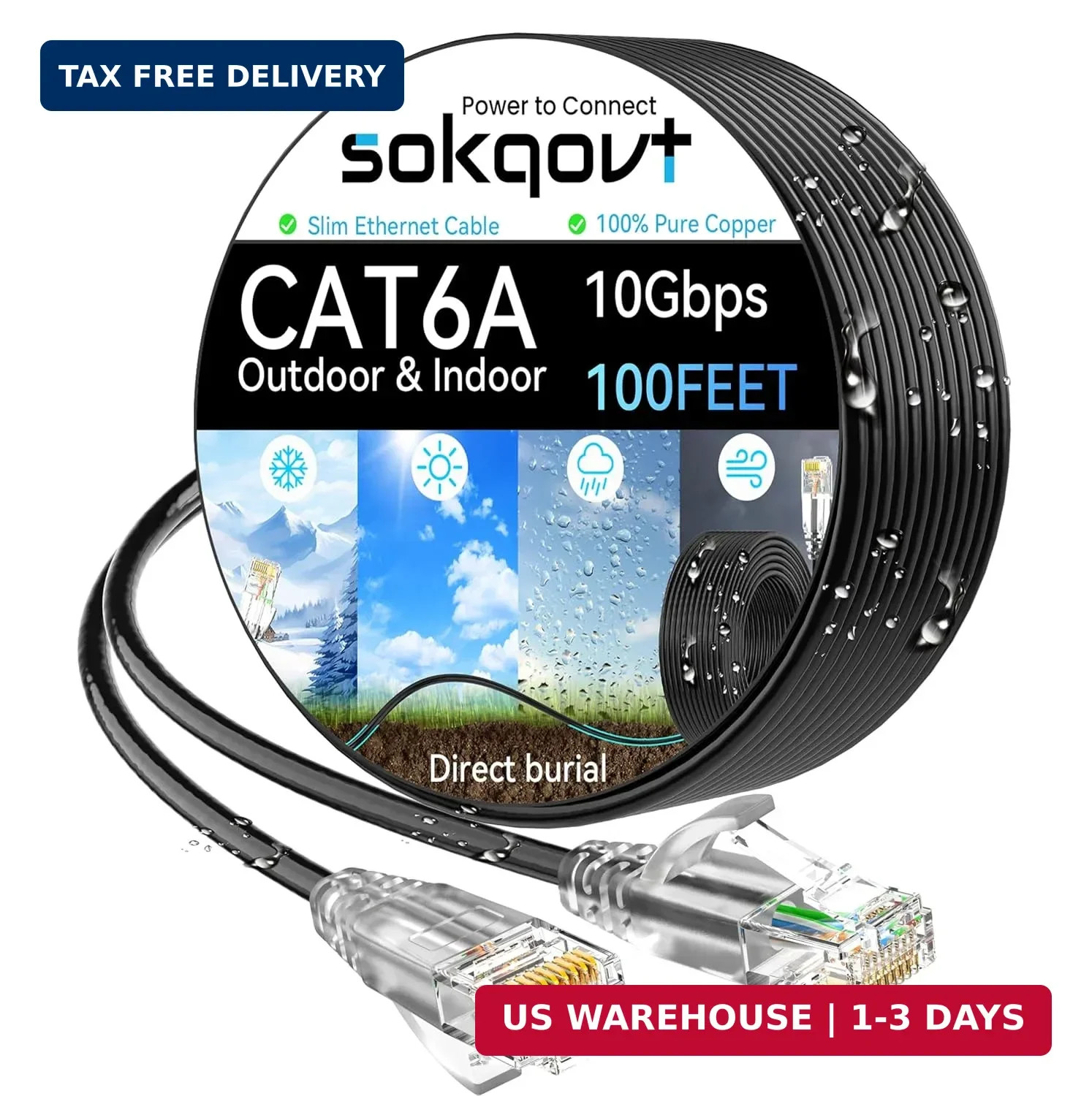 Cat6a Ethernet Cable Slim 100ft Outdoor, 28AWG Pure Copper Cat6 Internet Cable f