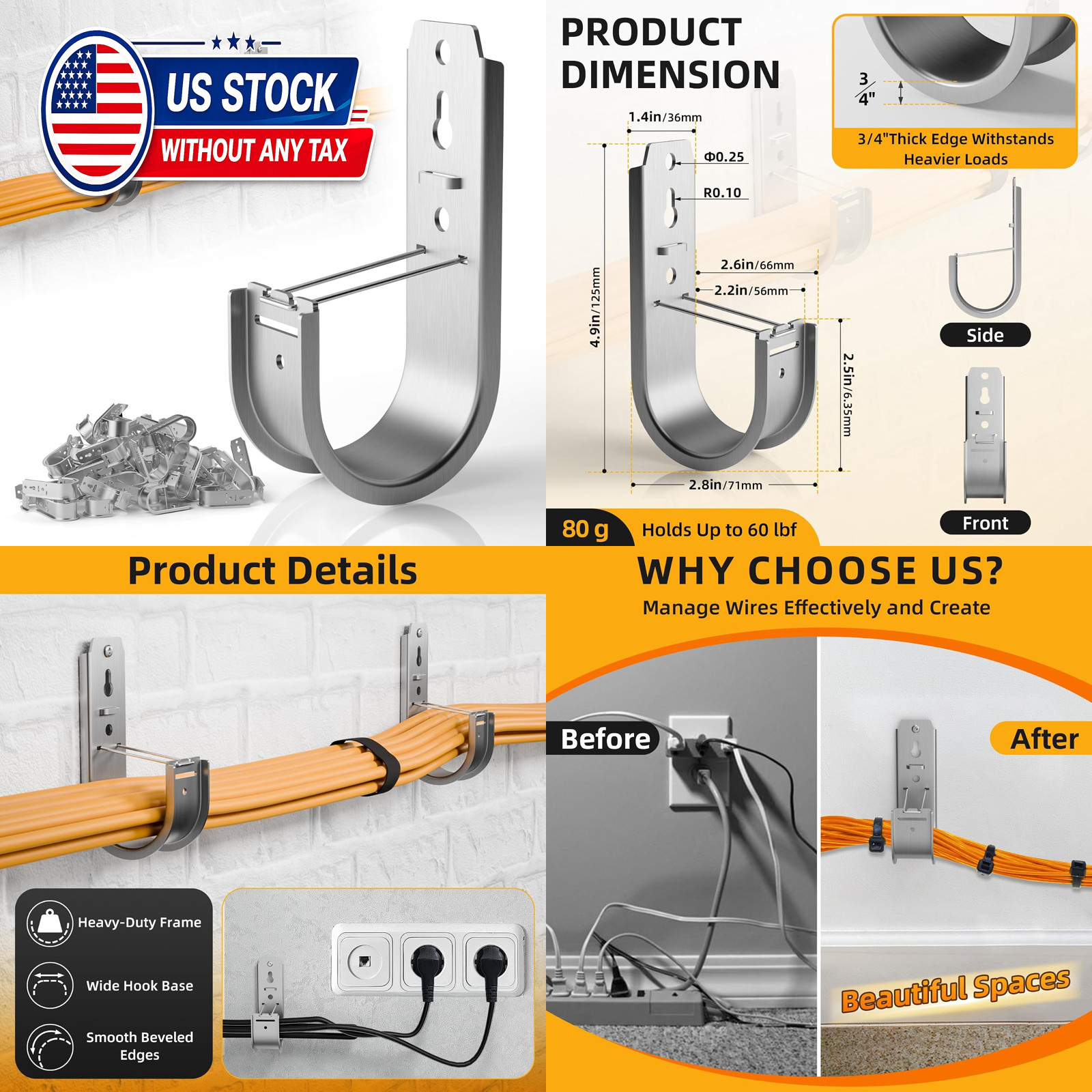 30 Pack 2 Inch J Hooks for Cable Management with Retainer Clips
