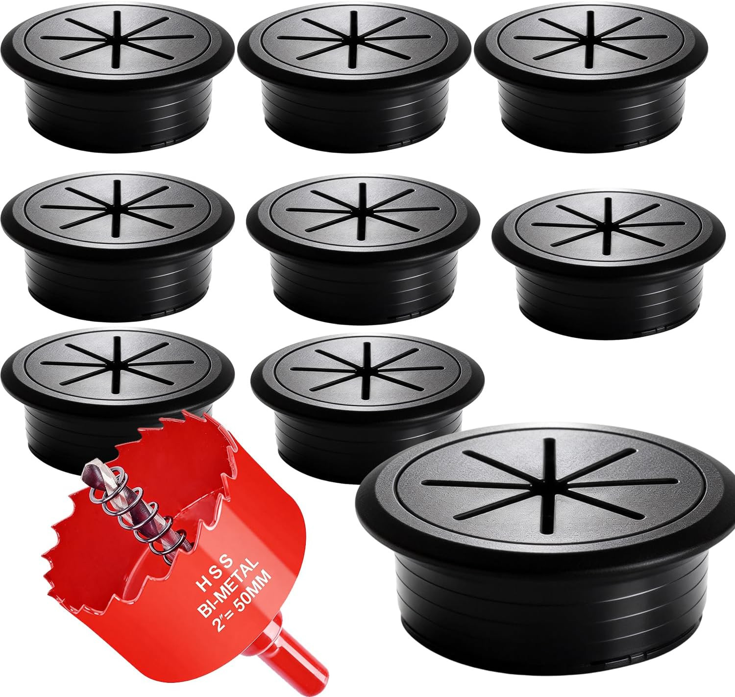 Desk Grommet Kit - 8 PCS 2 Inch Black ABS Plastic Cable Hole Cover with Soft Rub