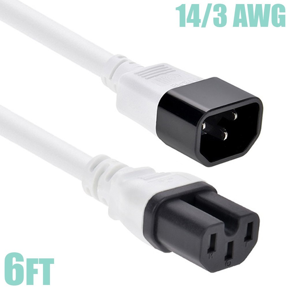 6FT 14 Gauge 3 Prong Power Cable Extension Cord C14 Male to C15 Female SJT White