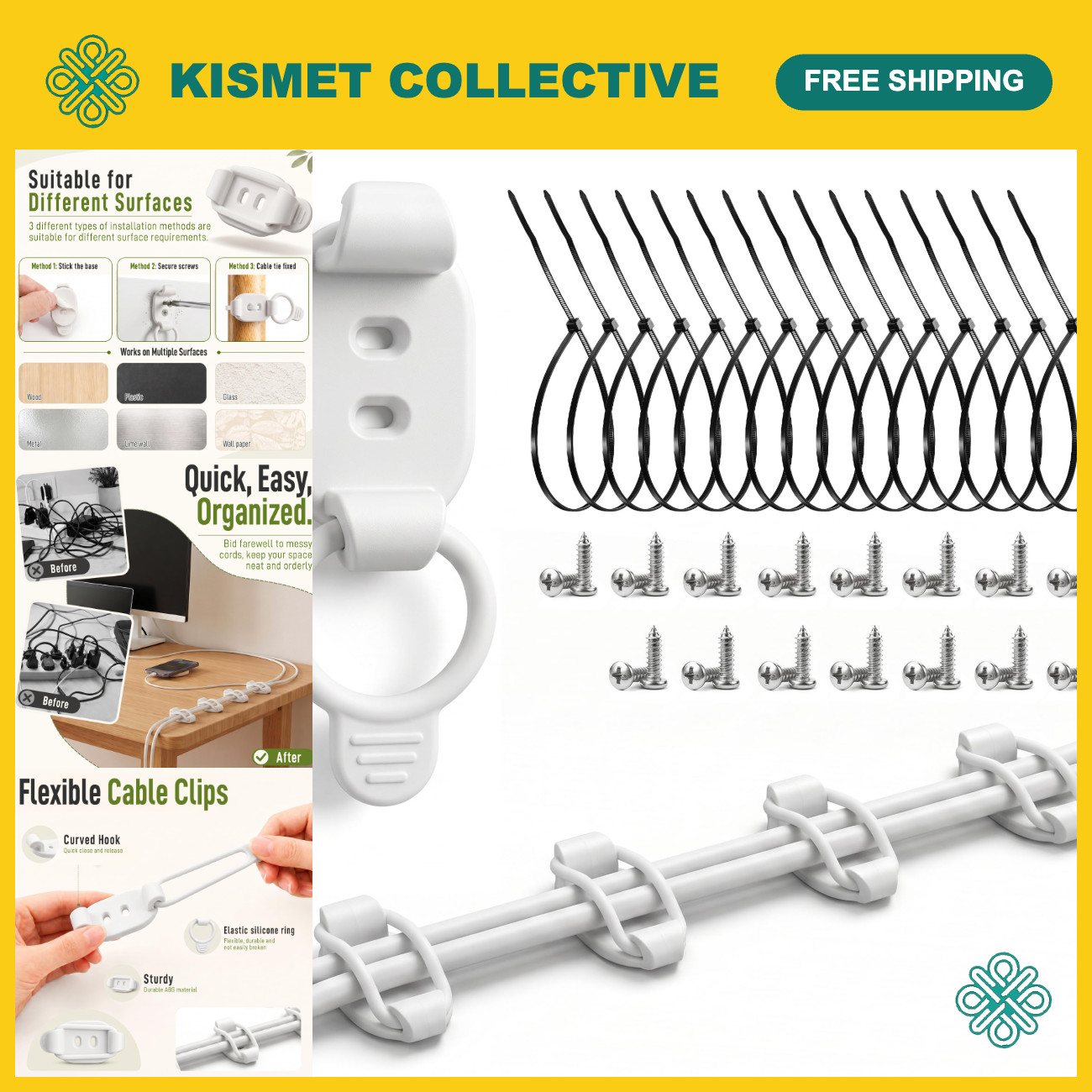 Adjustable Cable Management Clips - 15 Pack White Cord Organizers for Home/Offic