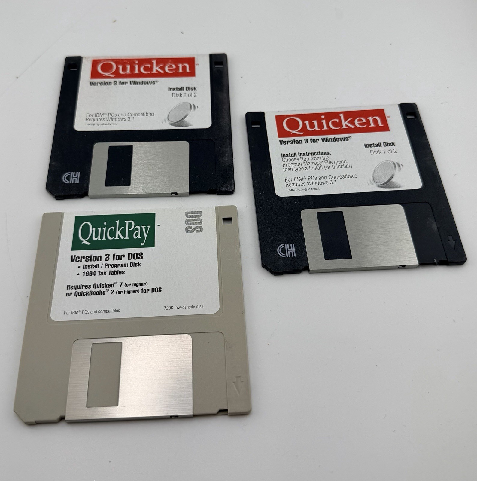 Quicken Version 3 Windows + QuickPay DOS Floppy Disks Lot 3.5” Install Disks