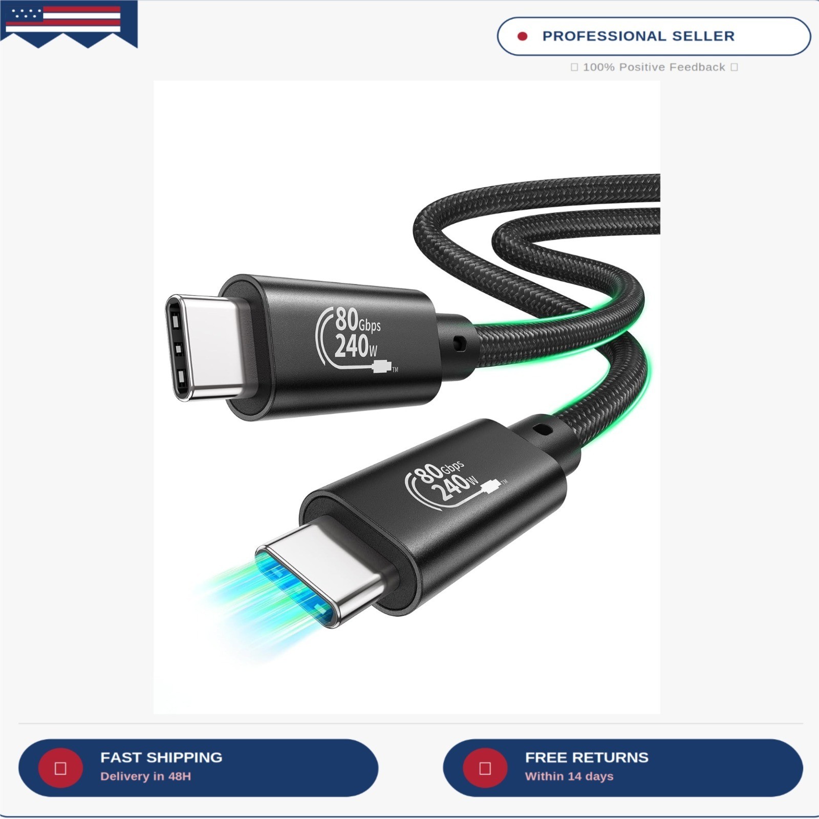 Fitee Thunderbolt 5 Cable 10FT Compatible, 80Gbps USB C Data Transfer Cable, 240