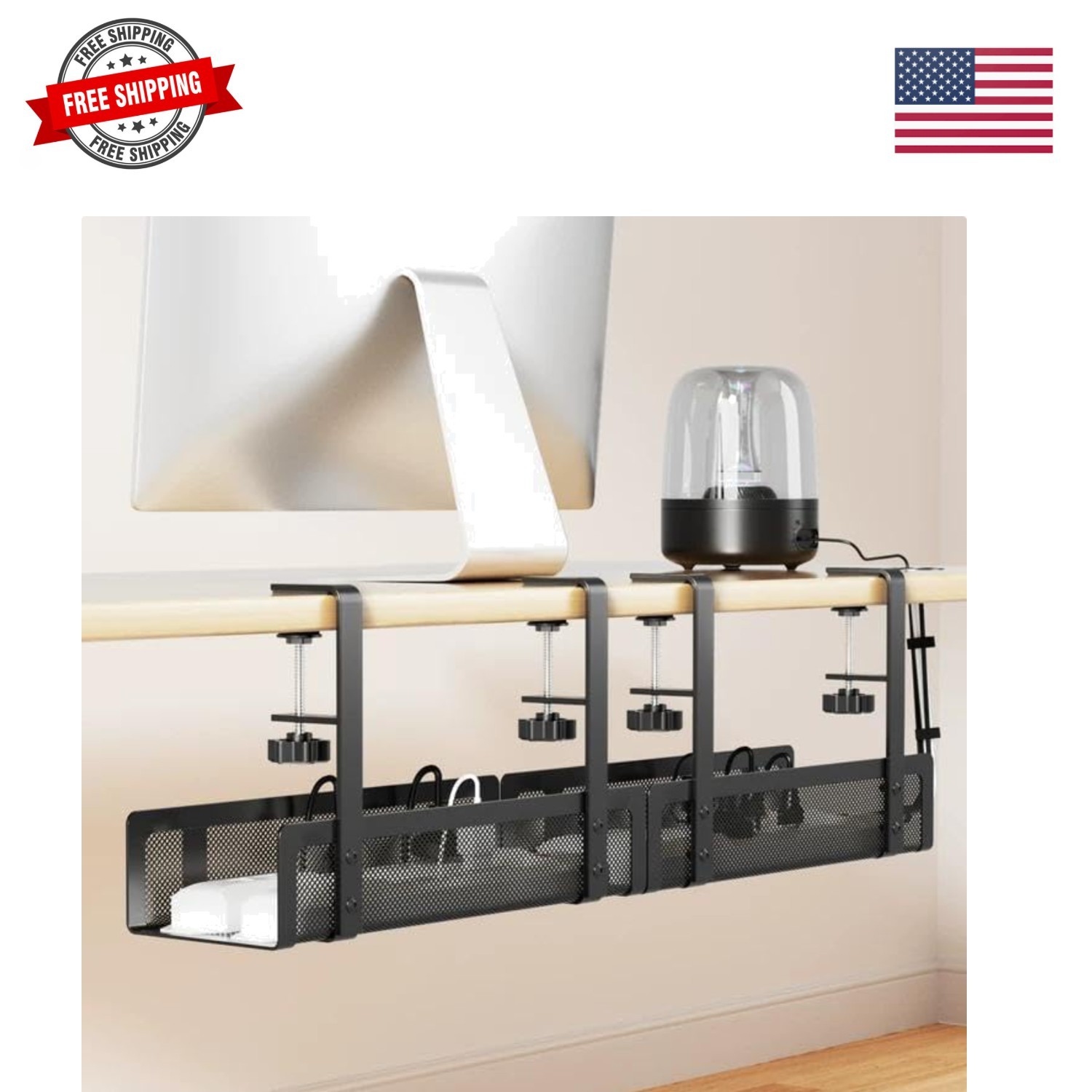 Upgraded] 2 Pack Cable Management Under Desk Tray, 27.6" No Drill Open Slots ...