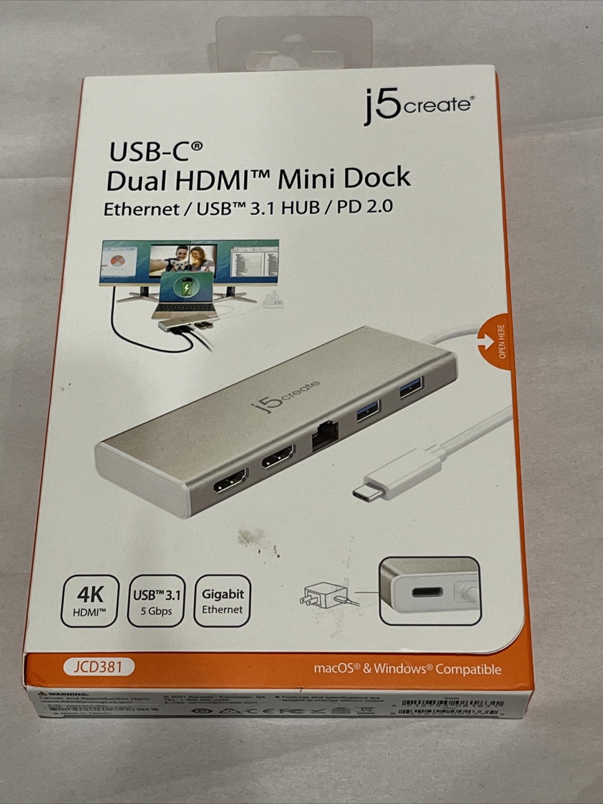 j5create USB-C Mini Dock- Type C Hub with 2X 4K HDMI, 2X USB 3.0, Ethernet, Powe