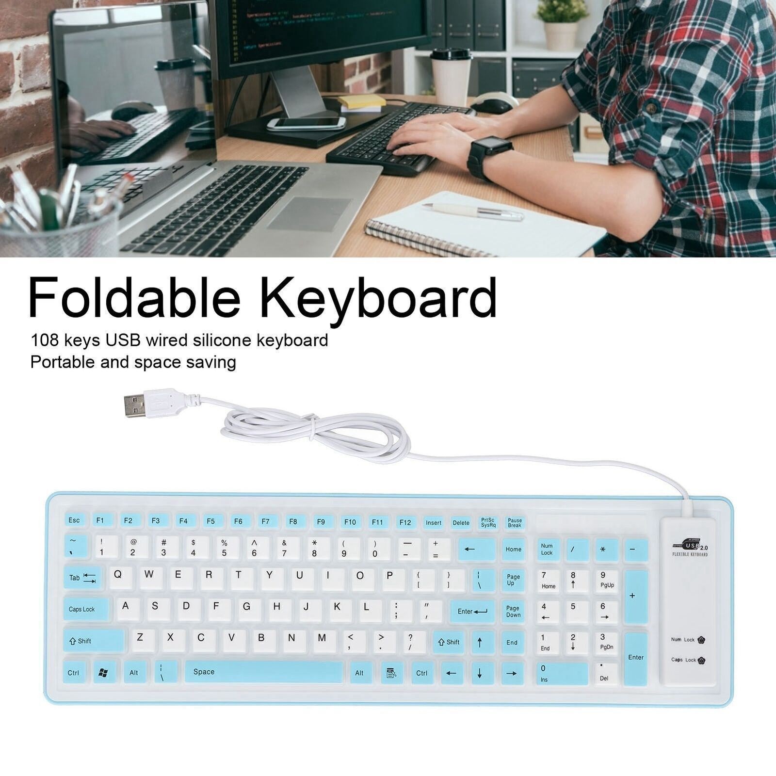 Foldable Silicone Keyboard 103 Keys USB Wired Silicon Foldable Waterproof Mute
