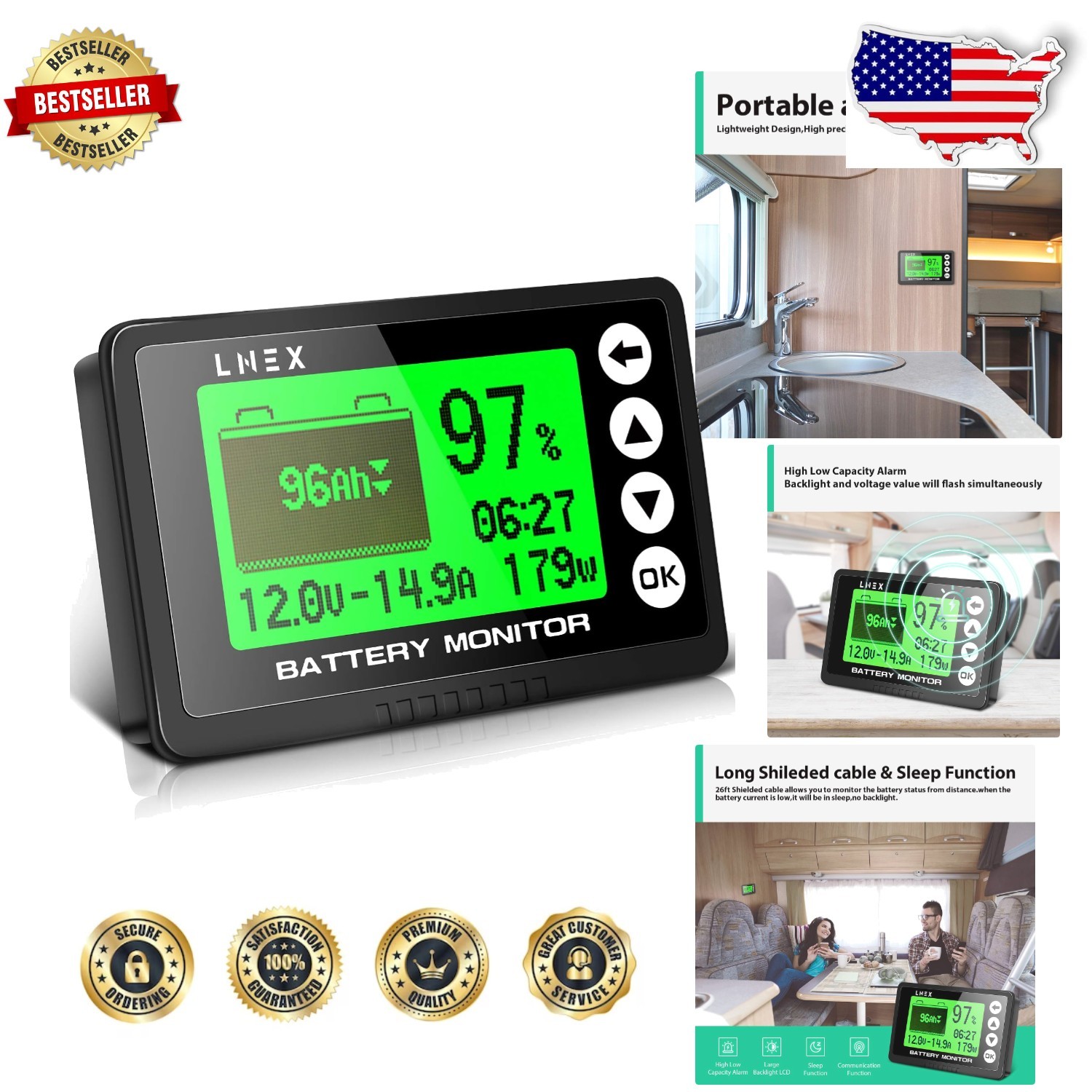Universal 500A Battery Monitor RV 10-120V, High Precision, Programmable Alarm