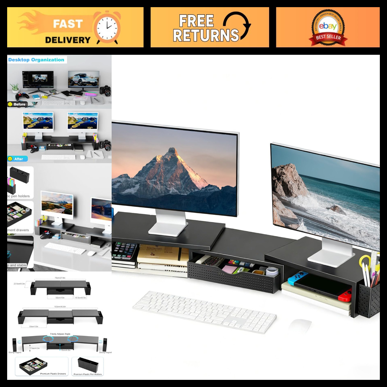 Adjustable Dual Monitor Stand with Drawer & 2 Pen Holders - Ergonomic Desk Organ