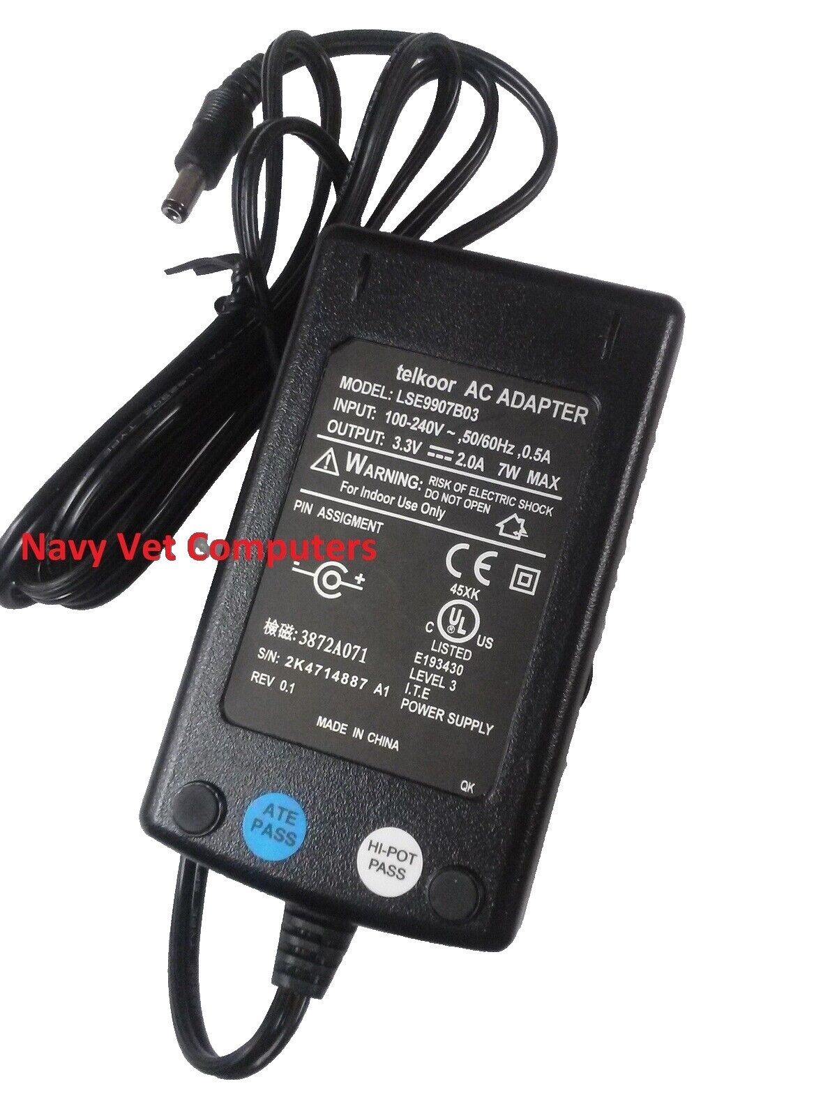 Telkoor LSE9907B03 AC Adaptor 3.3 volt 2 amp 7 watt Positive tip