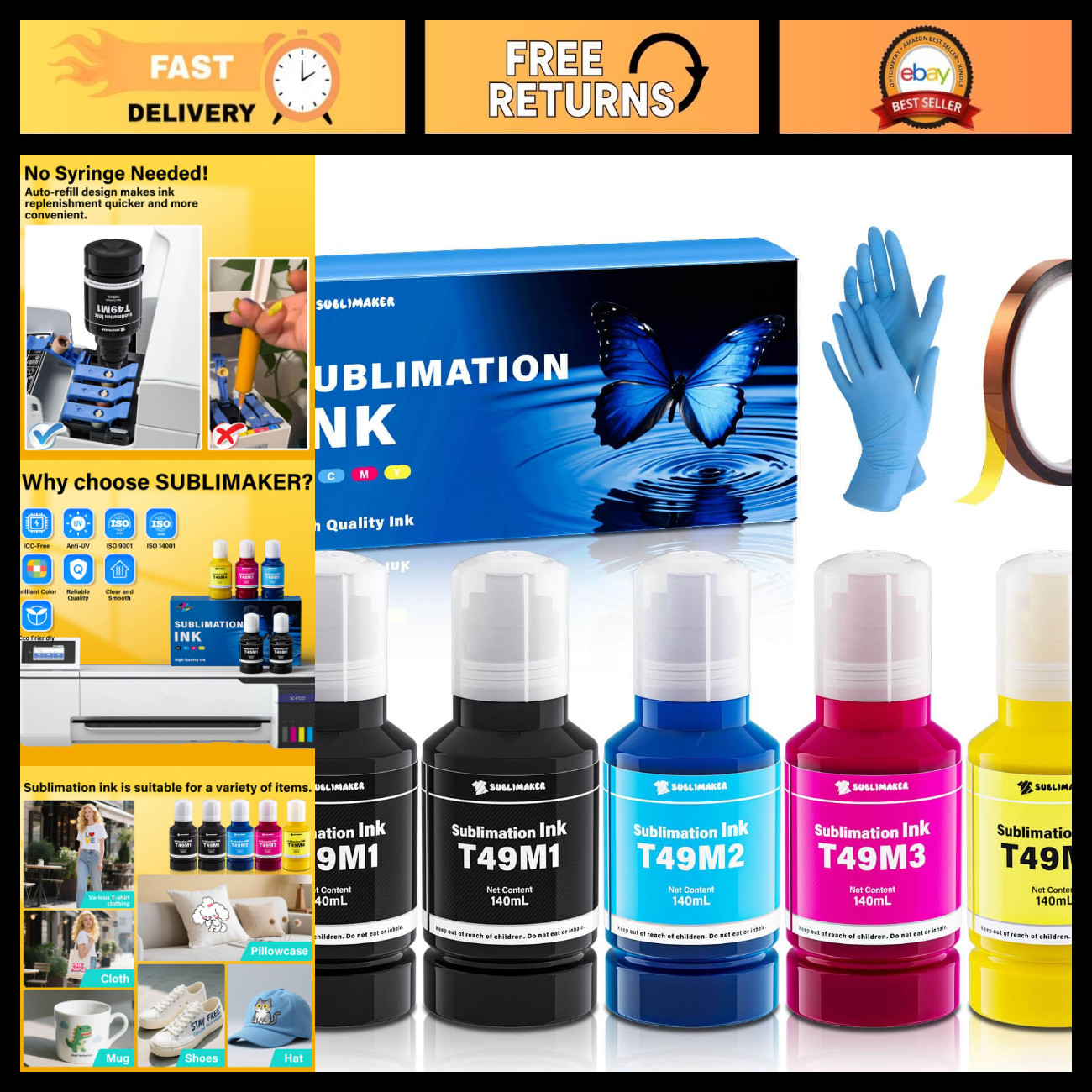700ML Sublimation Ink for Epson F170 F570 - ICC-Free, Anti-UV, 5 Packs