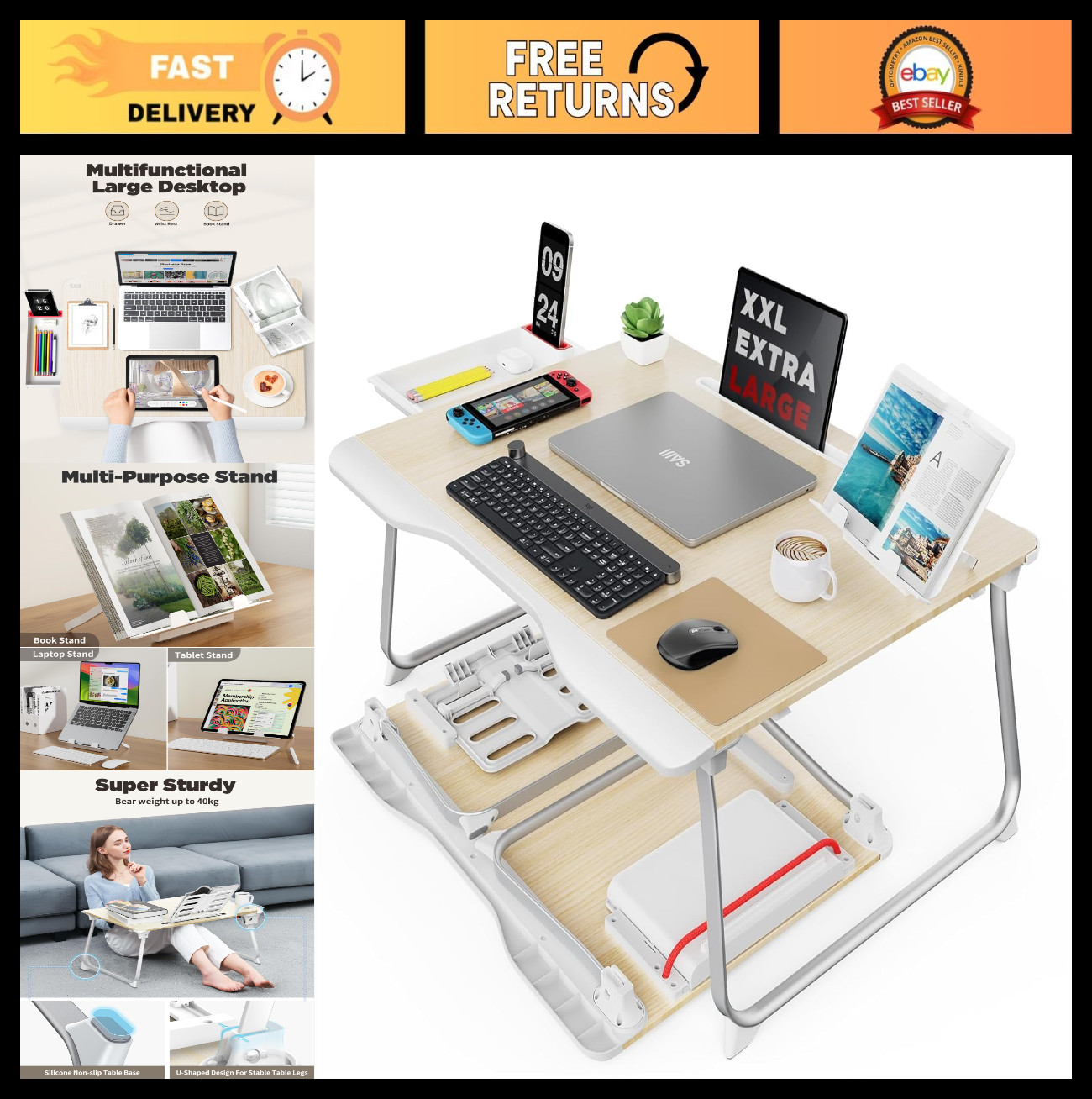 Extra Large Folding Bed Desk Tray Table for Laptop & Writing, Portable Floor Sta