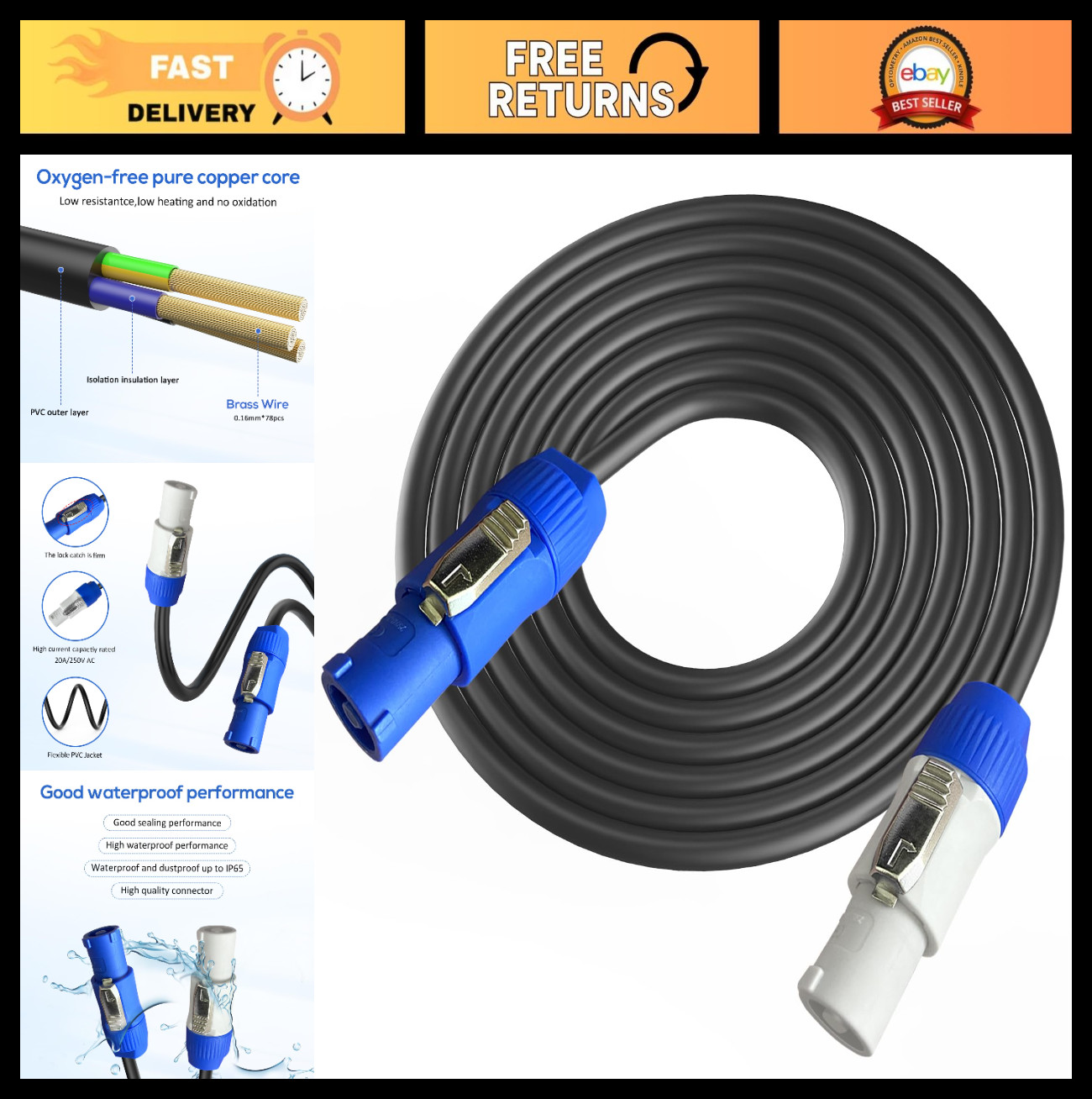 12AWG 3 Pin Power Extension Cable 25FT for LED Lights, Stage Lighting & AV Equip