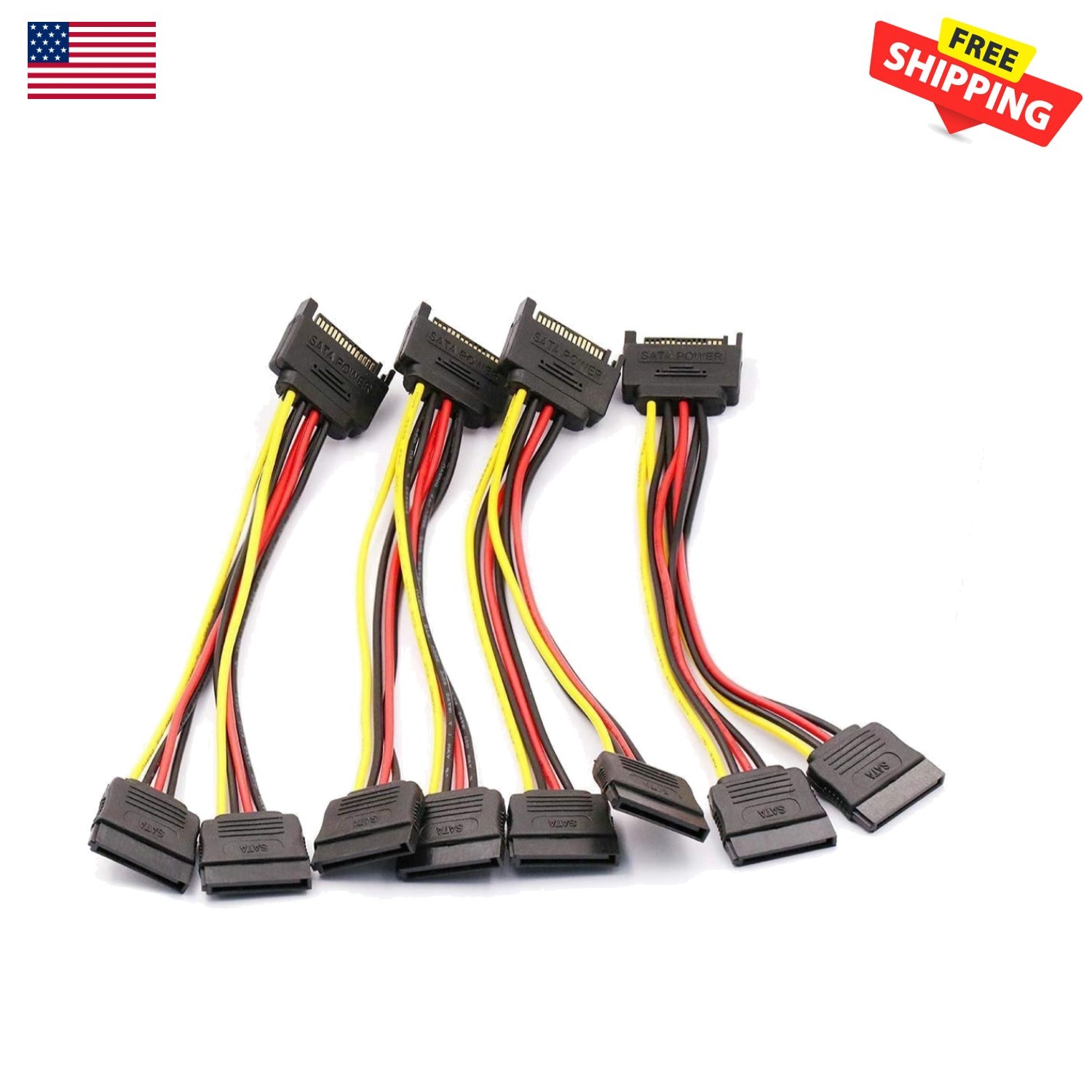 4-Pack 8-Inch SATA 15-Pin Power Splitters - Multi-Voltage & Braided Design