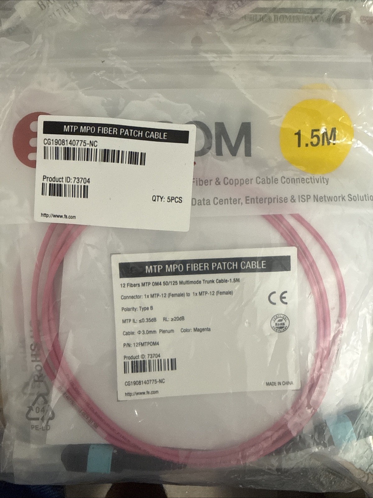 Lot 5 FS MTP/MPO Fiber Patch Cable 12 Fibers MTP OM4 50/125 Multimode Trunk 1.5M