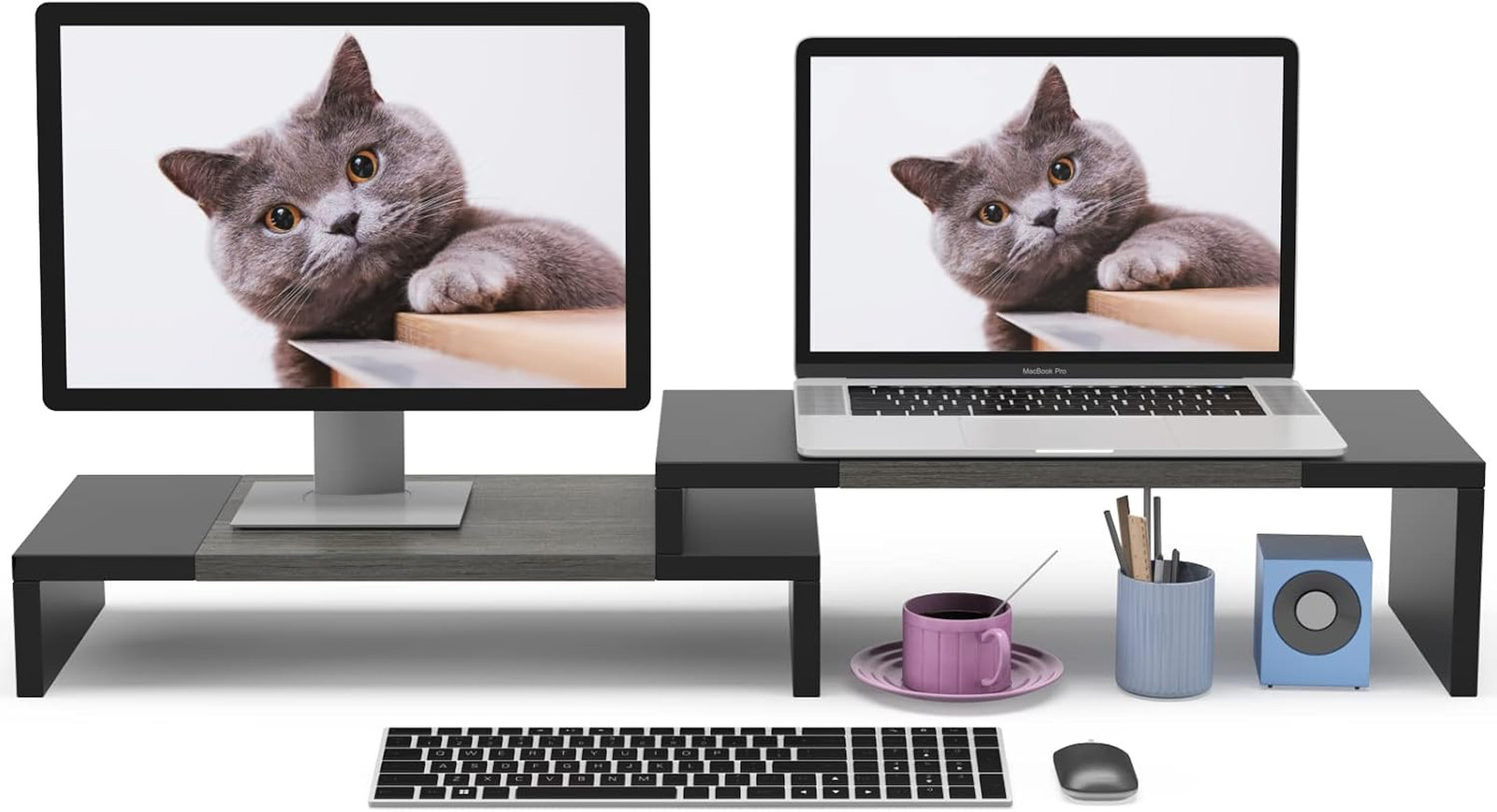 Dual Monitor Stand Riser with Adjustable Length and Angle, 2 Shelf Desktop