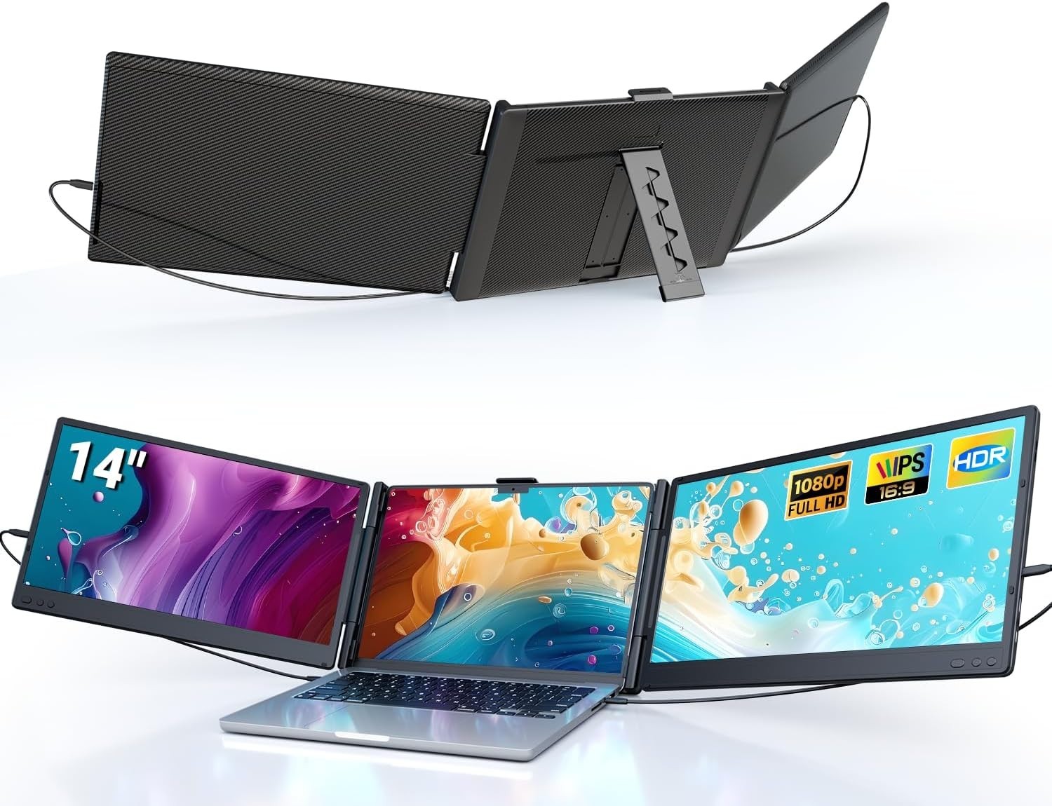 14'' Triple Laptop Screen Extender – 1080P FHD IPS Portable Monitors for 13''–17