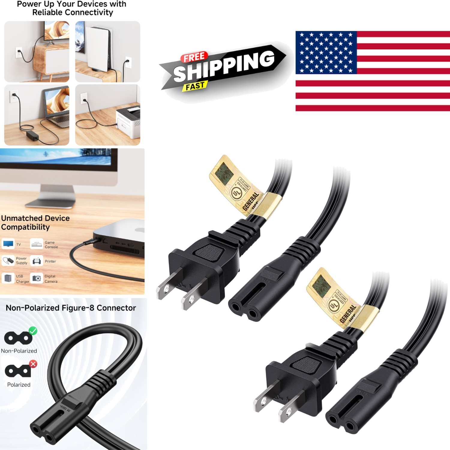 2 Pack 6ft 2 Prong Power Cord Non Polarized IEC C7 for TVs and Gaming Consoles