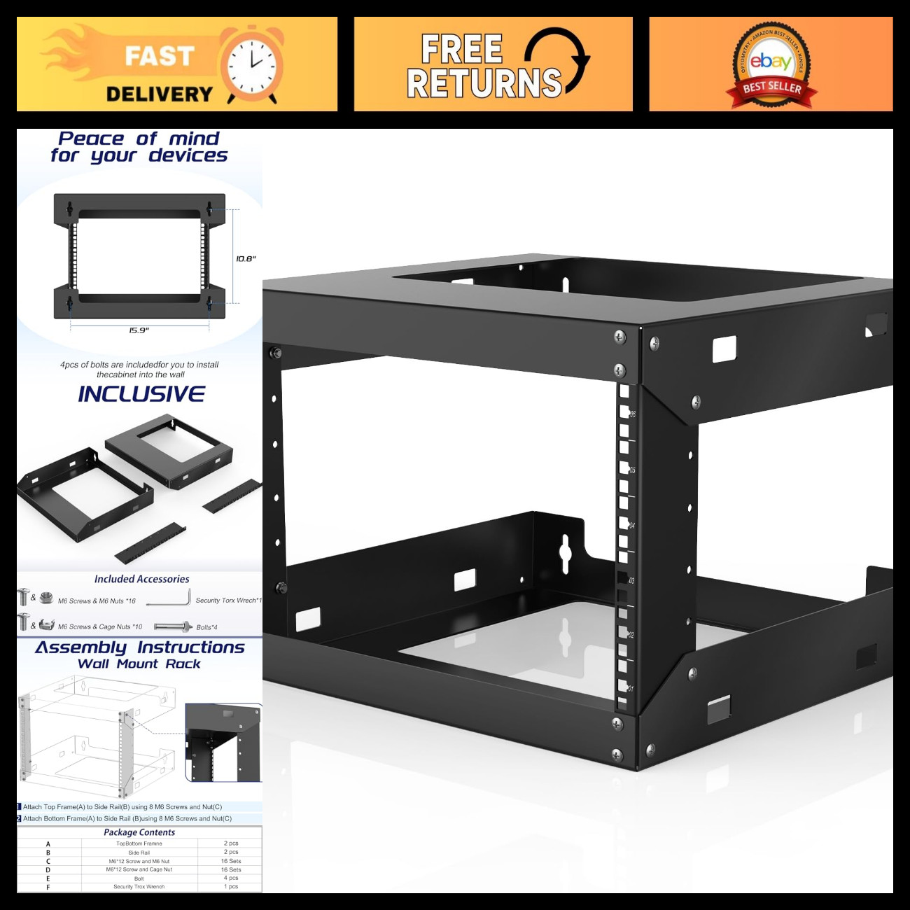 6U Wall Mount Open Frame 19" Network Server Cabinet Rack - Space-Saving Design