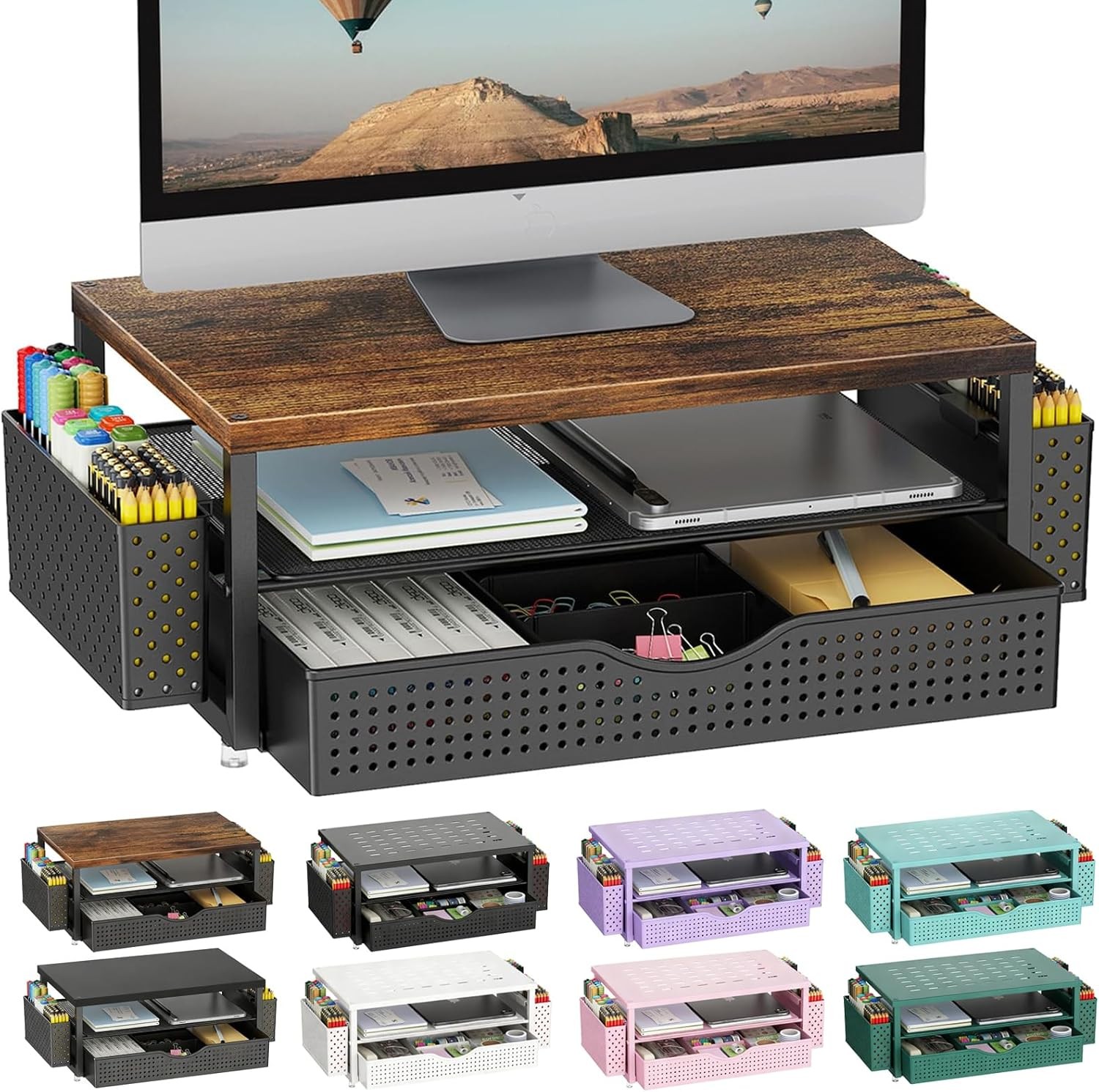 Wood Monitor Stand Riser Desk Organizer with Drawer 2 Pen Holders 2-Tier