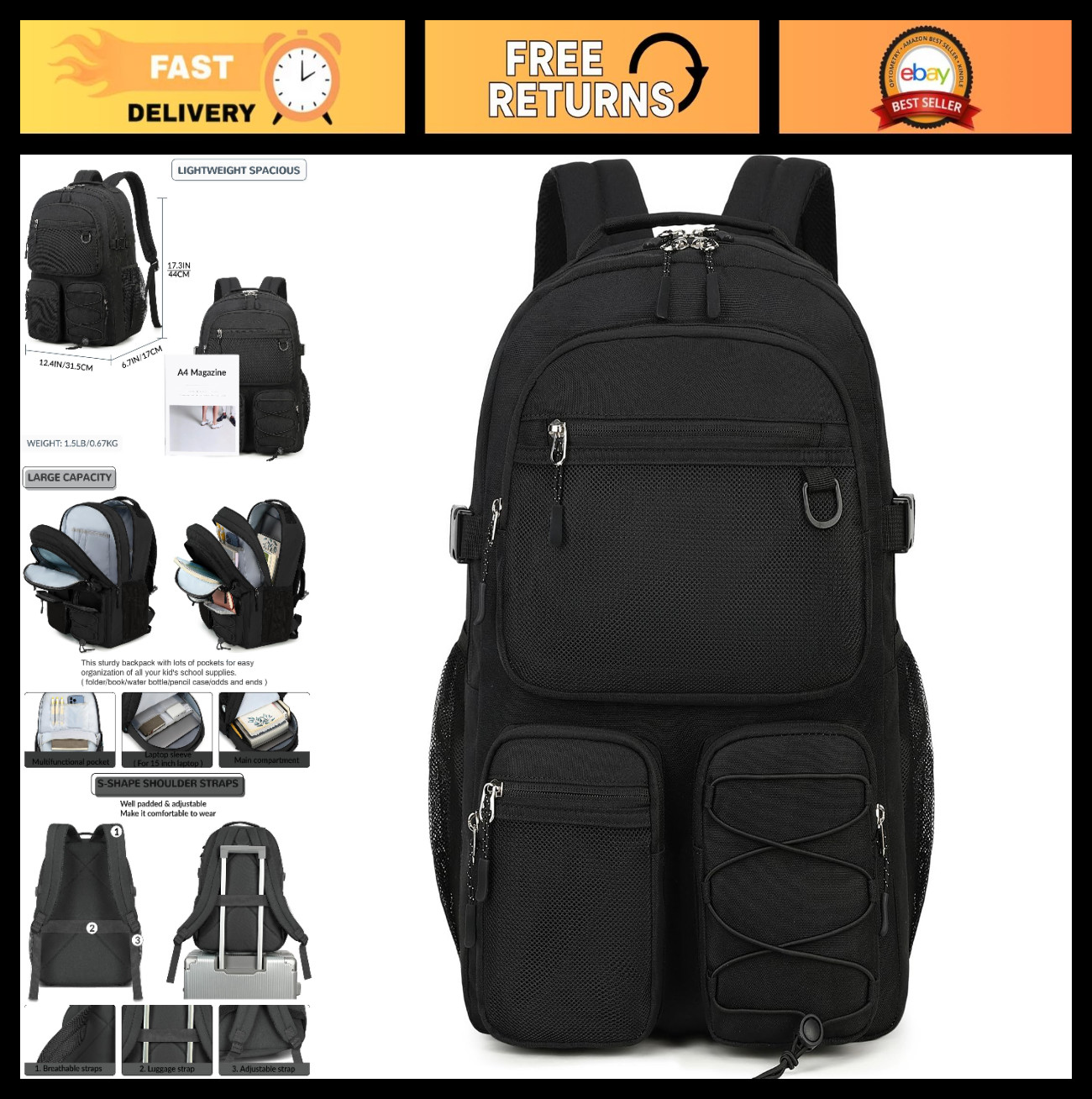 Water Resistant Daypack, Multiple Pockets, 15.6" Laptop Backpack for School, Tra