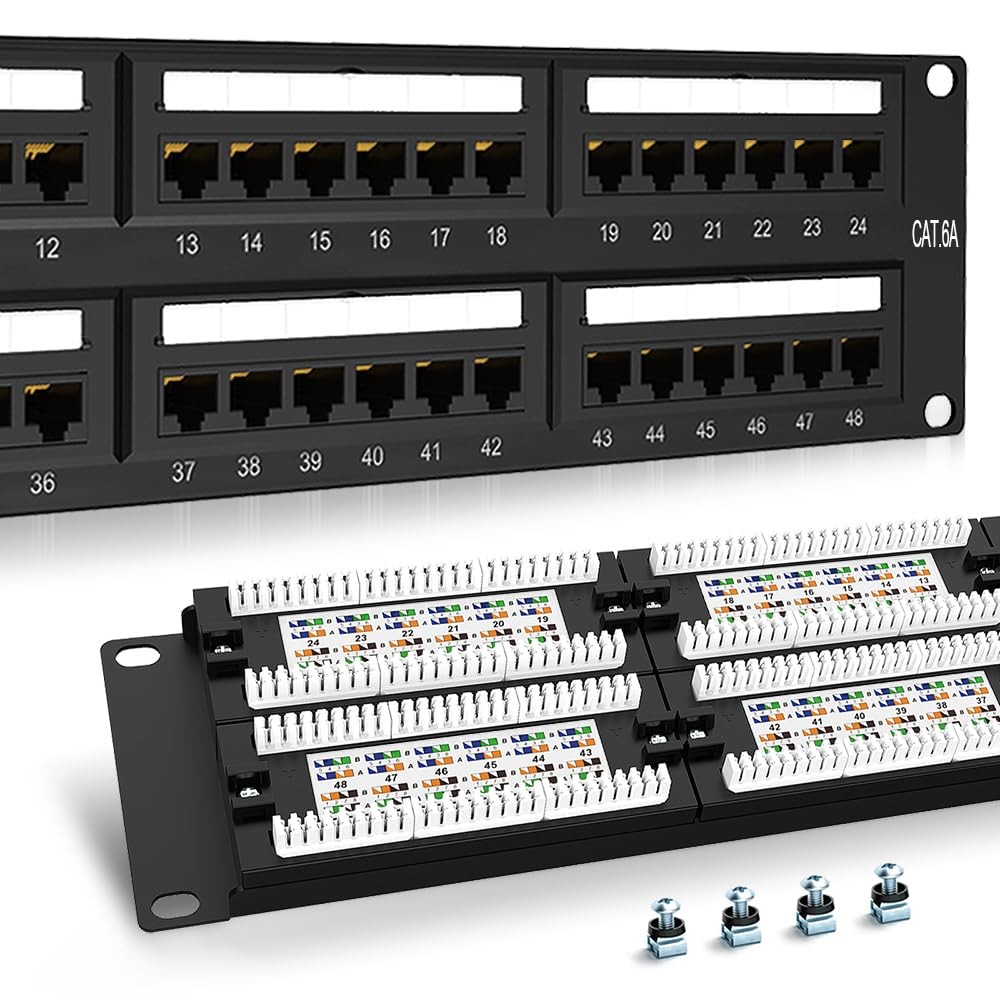 2U 48 Port Patch Panel CAT6A Rack Mount 19 Inch Ethernet Punch Down Cabling