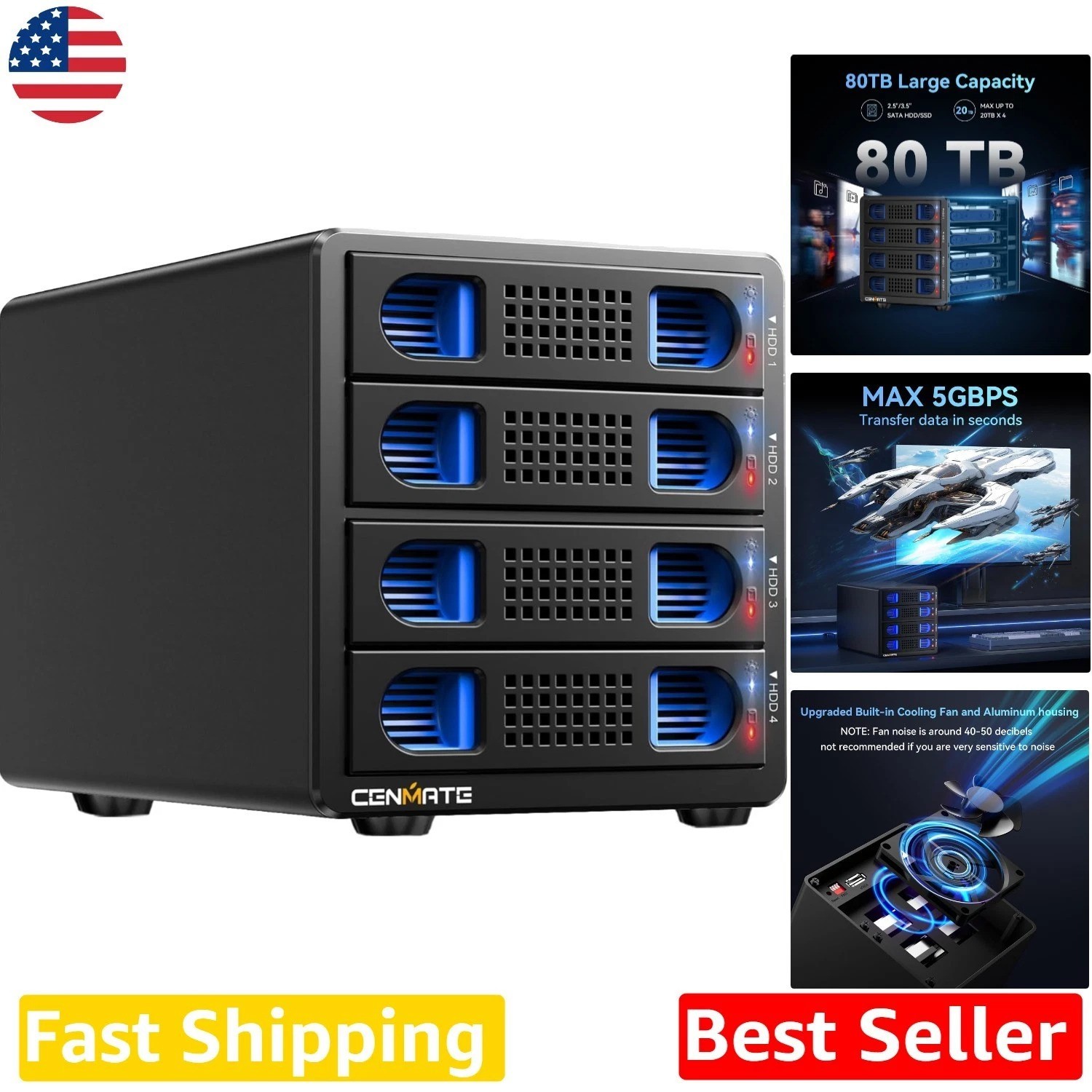 Aluminum 4-Bay HDD SSD Enclosure RAID 0/1/5/10 USB 3.0 eSATA 80TB