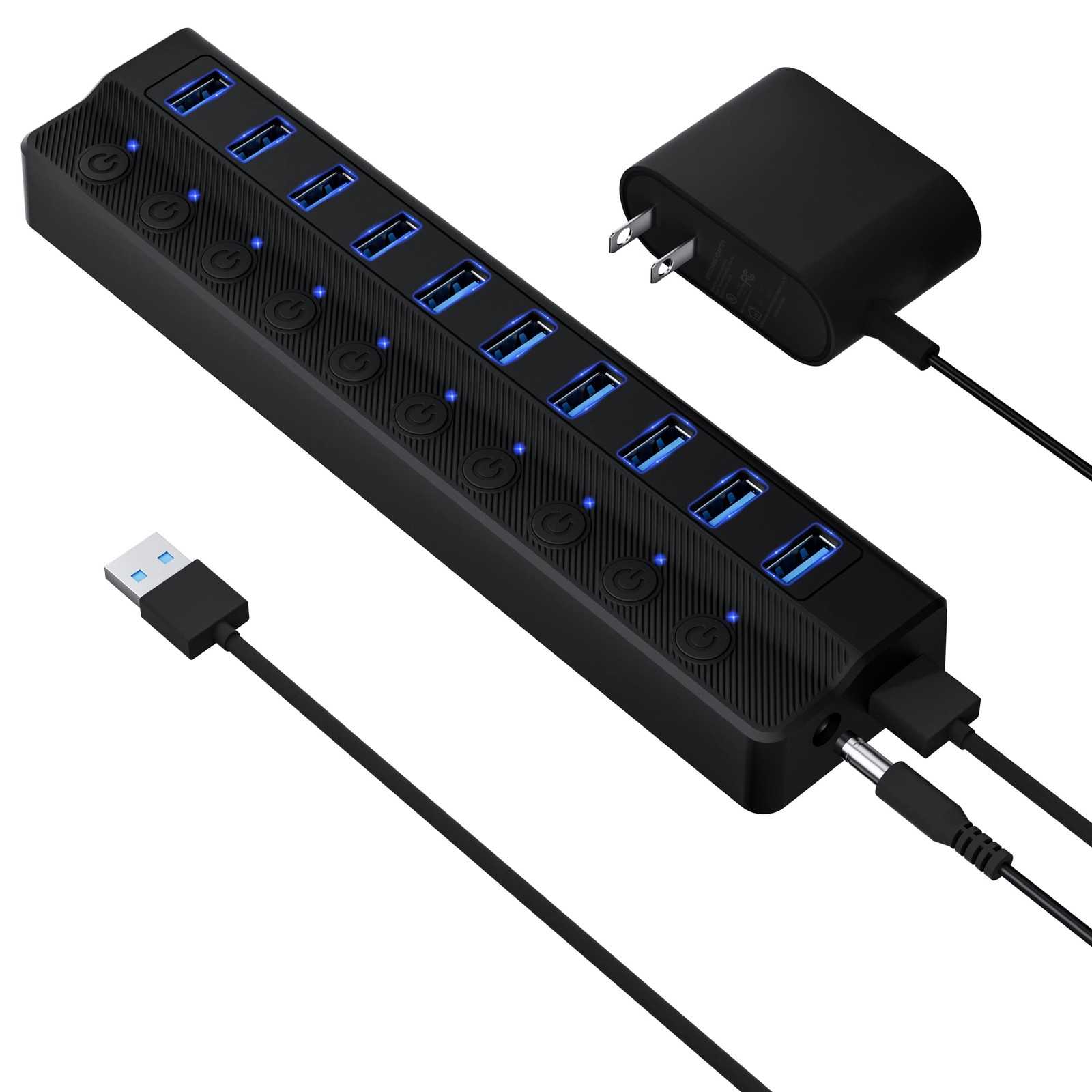 Powered USB Hub 3.0 10-Port USB Splitter Hub with Individual On/Off Switches