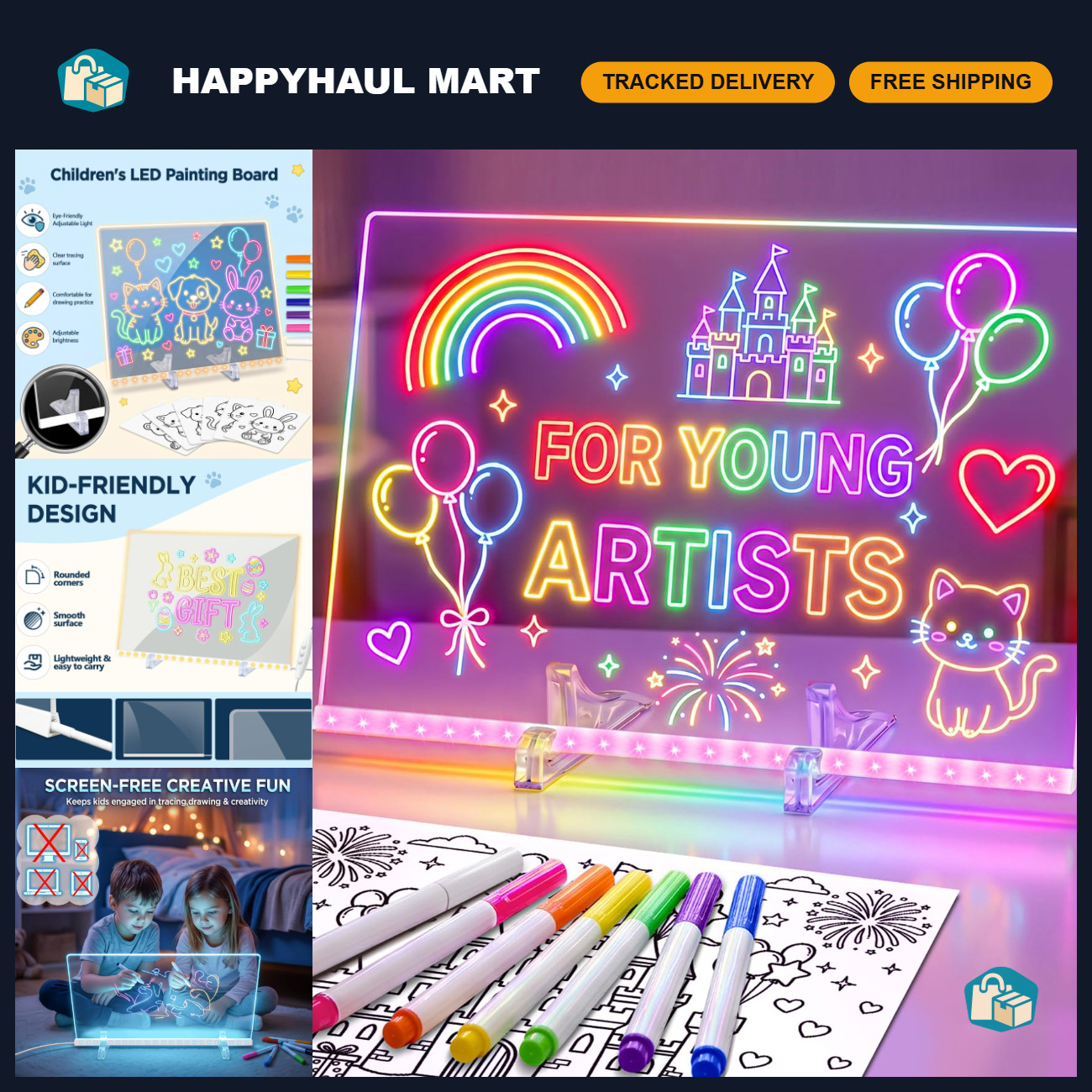 RGB LED Drawing Board - Reusable Light Up Message Pad, 10 Color Modes, USB Power