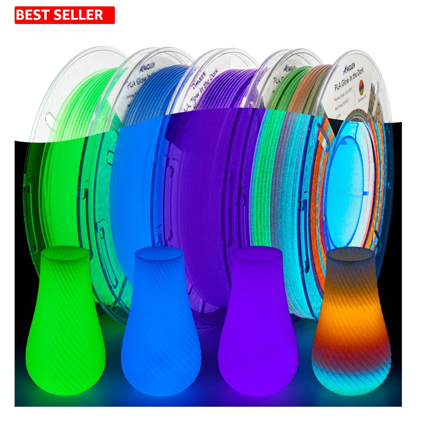 Glow In Dark 3D Printer Filament 1.75mm PLA Multicolor Bundle 200g 4 Pk Luminous