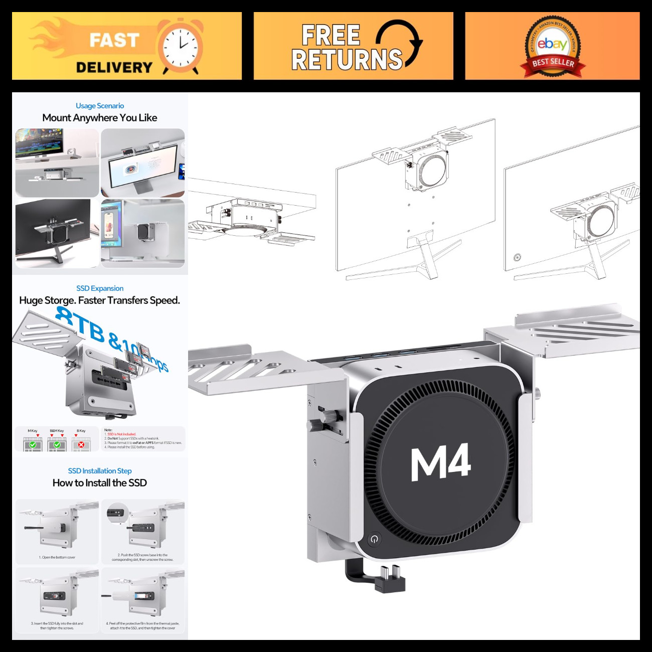 Mac Mini Dock & Stand with 8TB SSD Enclosure, HDMI 4K@60Hz - M6, M5 Pro, M4 Comp