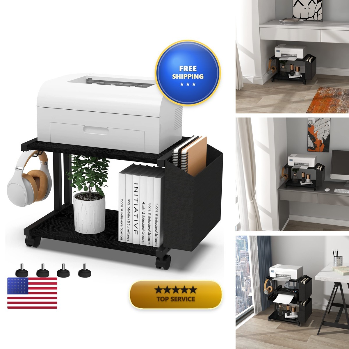 VEDECASA 2 Tier Black Printer Stand with Storage Bag Caster Wheel Underdesk