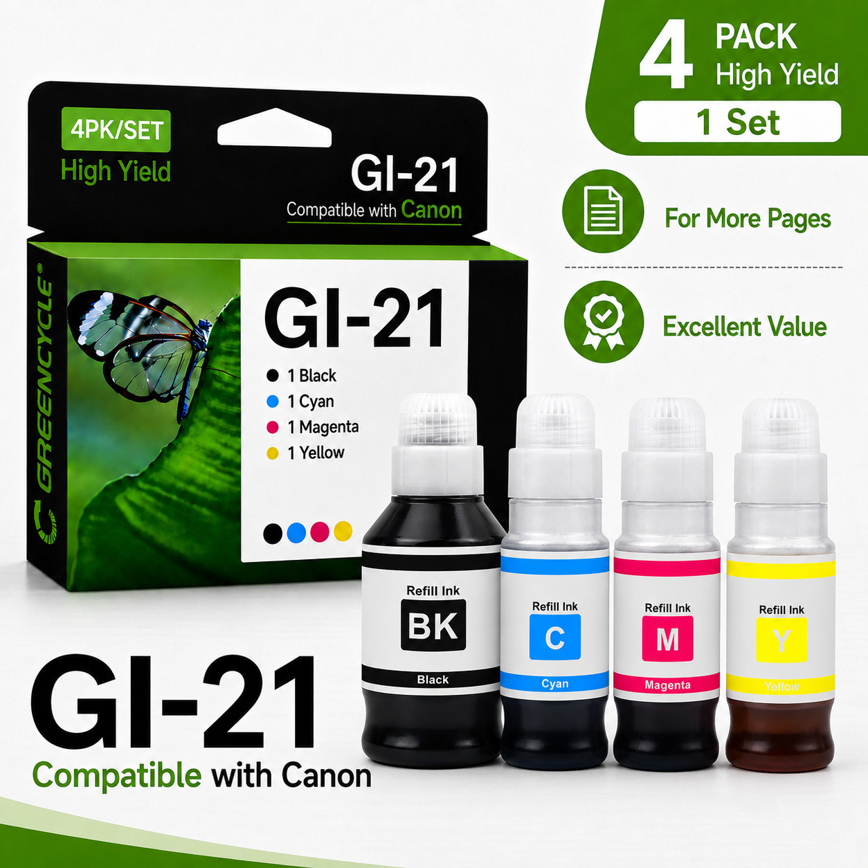 GREENCYCLE 4PK GI21 Replacement Ink Bottles for Canon MegaTank G1230/G2270/G3262
