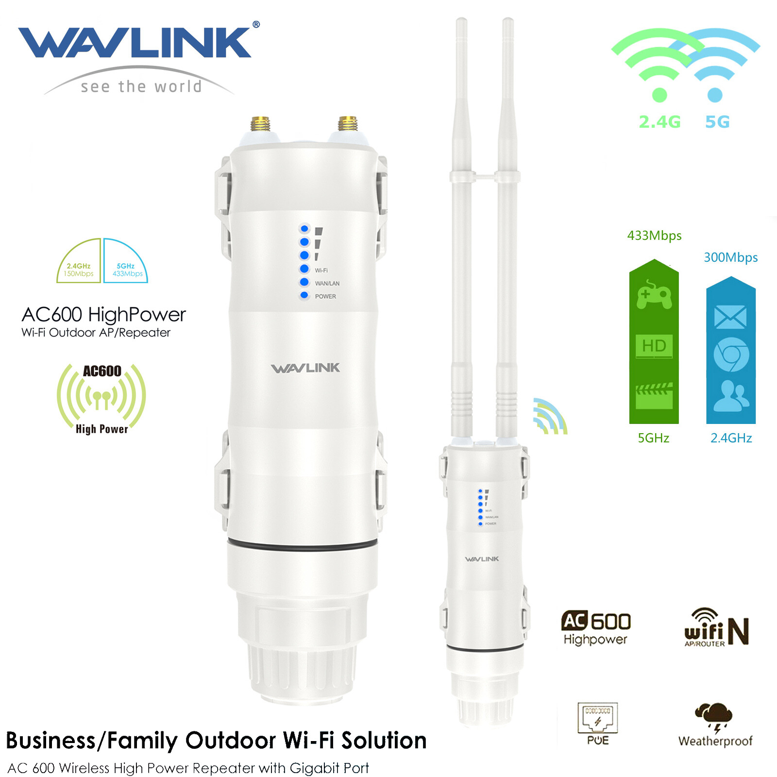 Wavlink AC600 High Power Outdoor AP 2.4G+5G WIFI Repeater Extender Booster