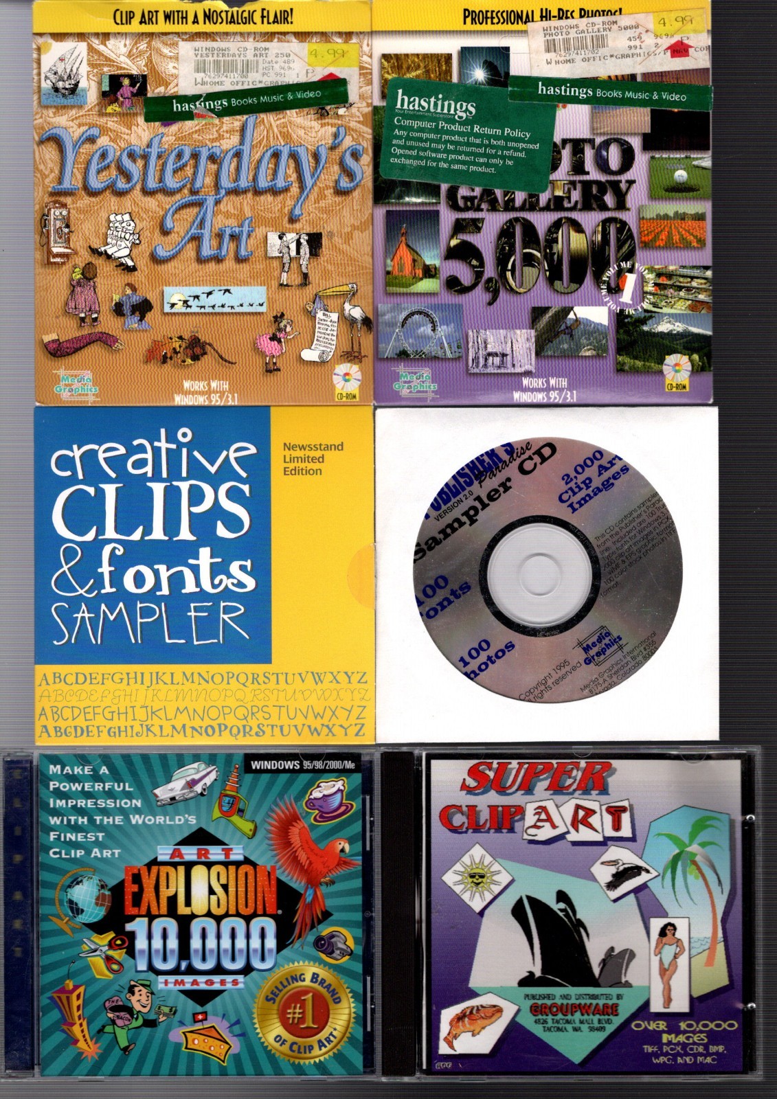 6 CD Rom Programs CLIP ART & PHOTO GALLERIES all work in Windows 11