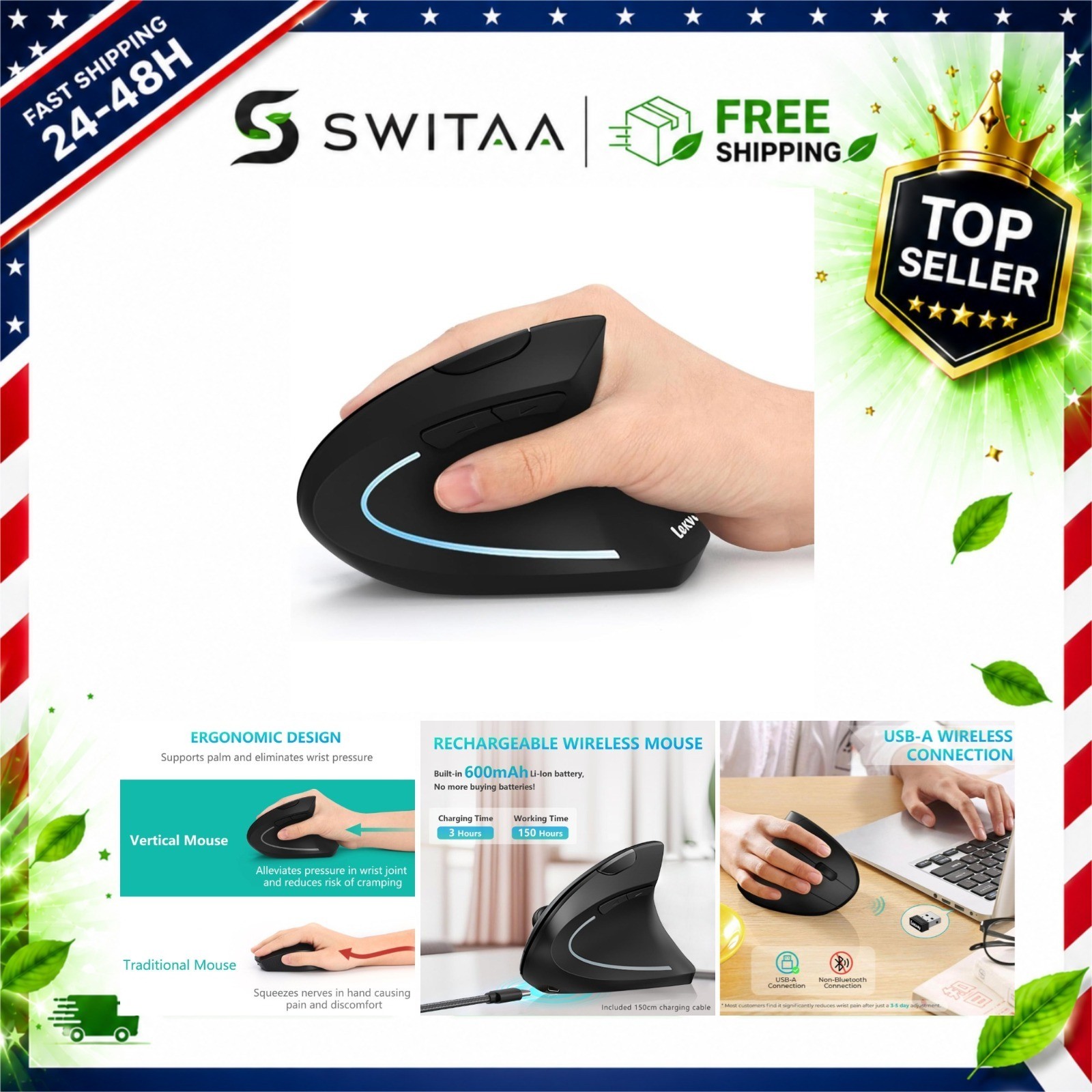 Lekvey Ergonomic Vertical Wireless Mouse Rechargeable 1600 DPI 6 Button PC